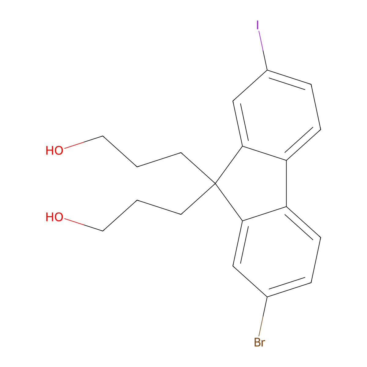 3,3'-(2-Bromo-7-iodo-9H-fluorene-9,9-diyl)bis(propan-1-ol) molecular structure, CAS 1315468-05-3