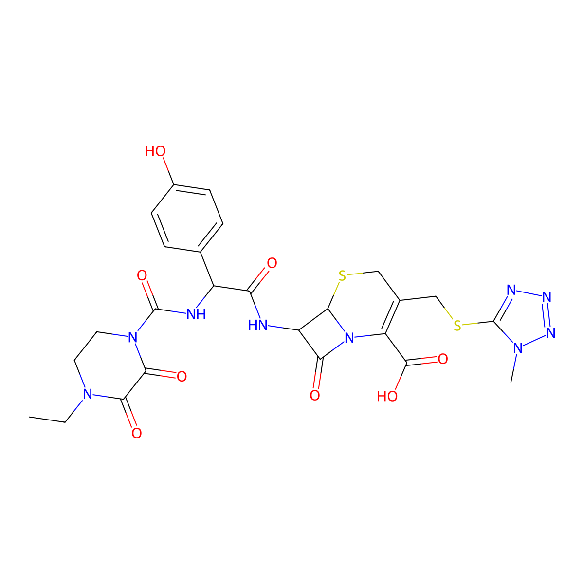 (6R,7S)-7-[[(2R)-2-[[(4-Ethyl-2,3-dioxo-1-piperazinyl)carbonyl]amino]-2-(4-hydroxyphenyl)acetyl]amino]-3-[[(1-methyl-1H-tetrazol-5-yl)thio]methyl]-8-oxo-5-thia-1-azabicyclo[4.2.0]oct-2-ene-2-carboxylic Acid molecular structure, CAS 1315481-36-7