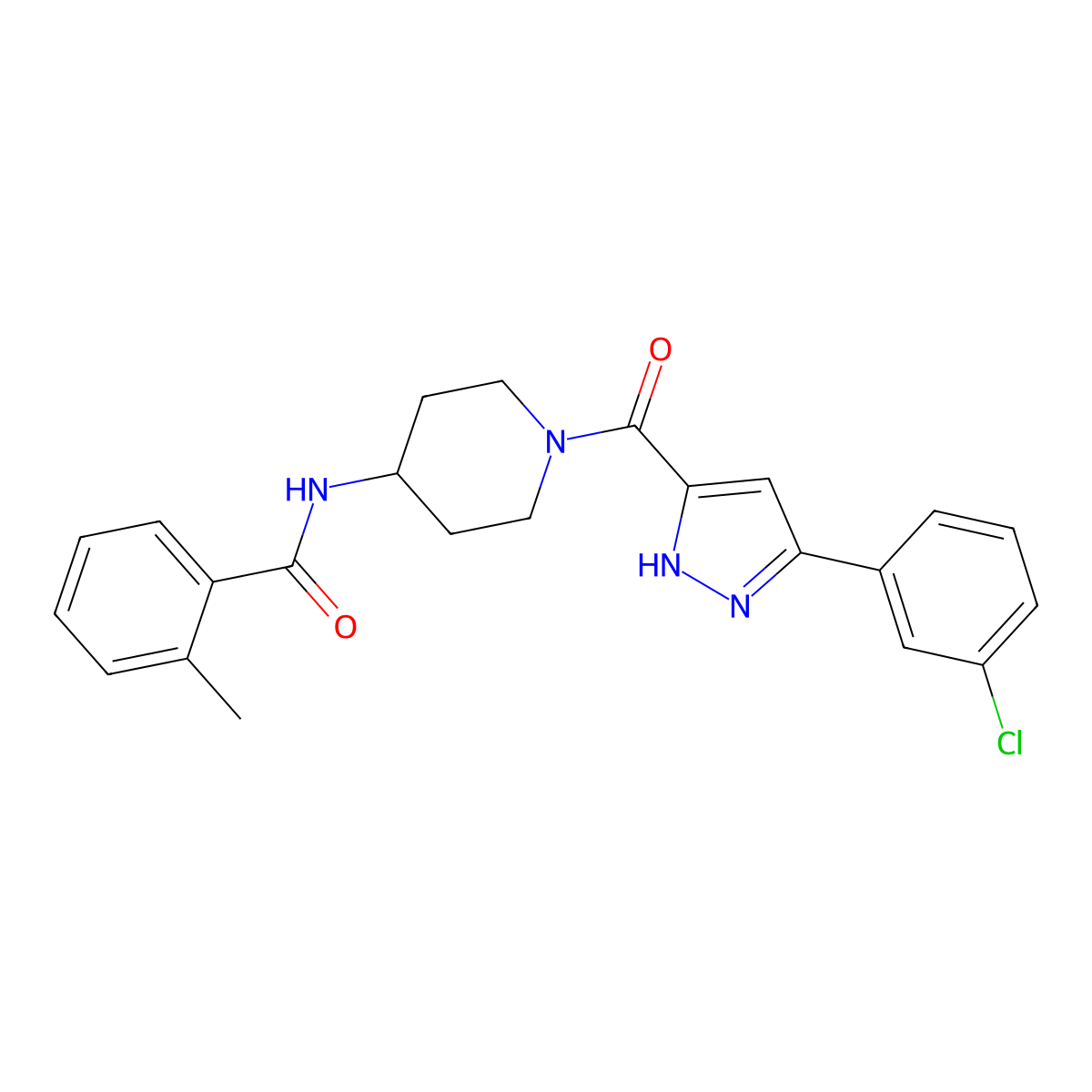 N-(1-(3-(3-chlorophenyl)-1H-pyrazole-5-carbonyl)piperidin-4-yl)-2-methylbenzamide molecular structure, CAS 1315733-41-5