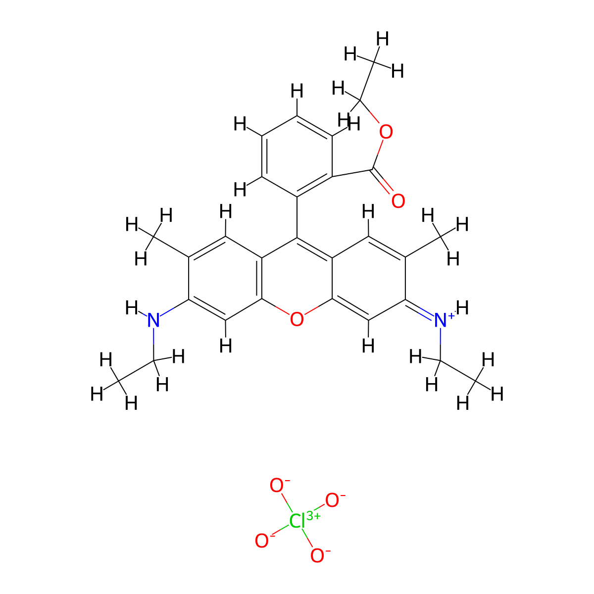 Xanthylium, 9-(2-(ethoxycarbonyl)phenyl)-3,6-bis(ethylamino)-2,7-dimethyl-, perchlorate (1:1) molecular structure, CAS 13161-28-9