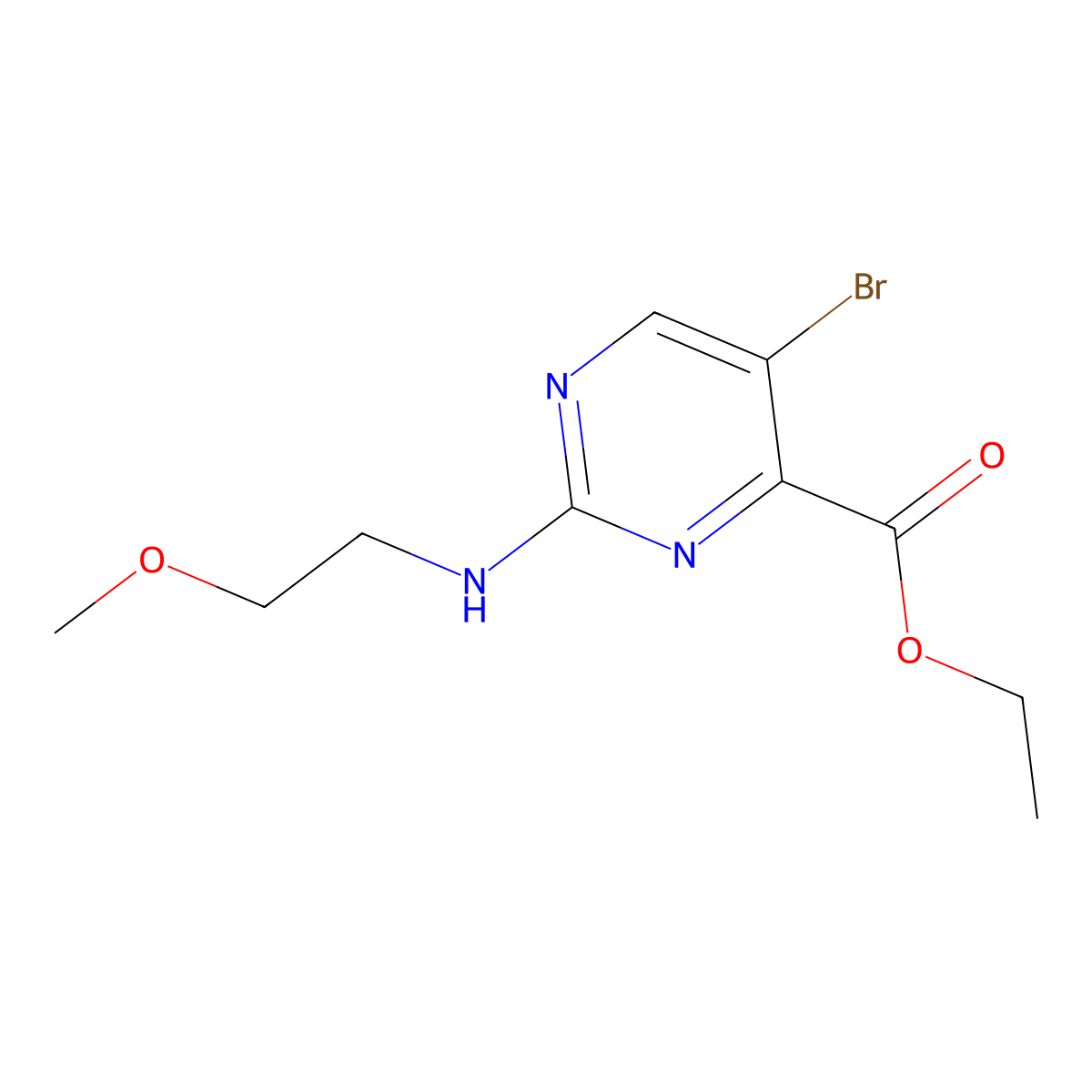 Ethyl 5-bromo-2-((2-methoxyethyl)amino)pyrimidine-4-carboxylate molecular structure, CAS 1316122-39-0