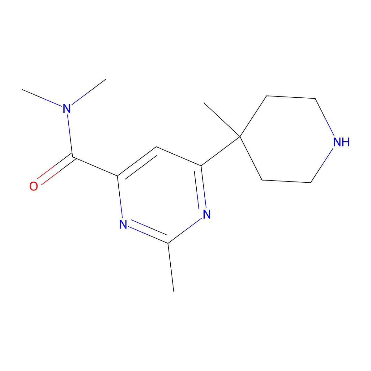 N,N,2-trimethyl-6-(4-methylpiperidin-4-yl)pyrimidine-4-carboxamide molecular structure, CAS 1316221-52-9
