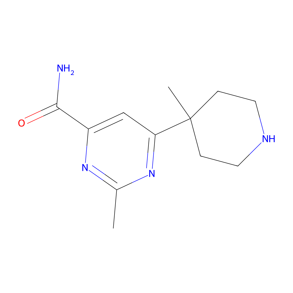 2-Methyl-6-(4-methylpiperidin-4-yl)pyrimidine-4-carboxamide molecular structure, CAS 1316226-13-7