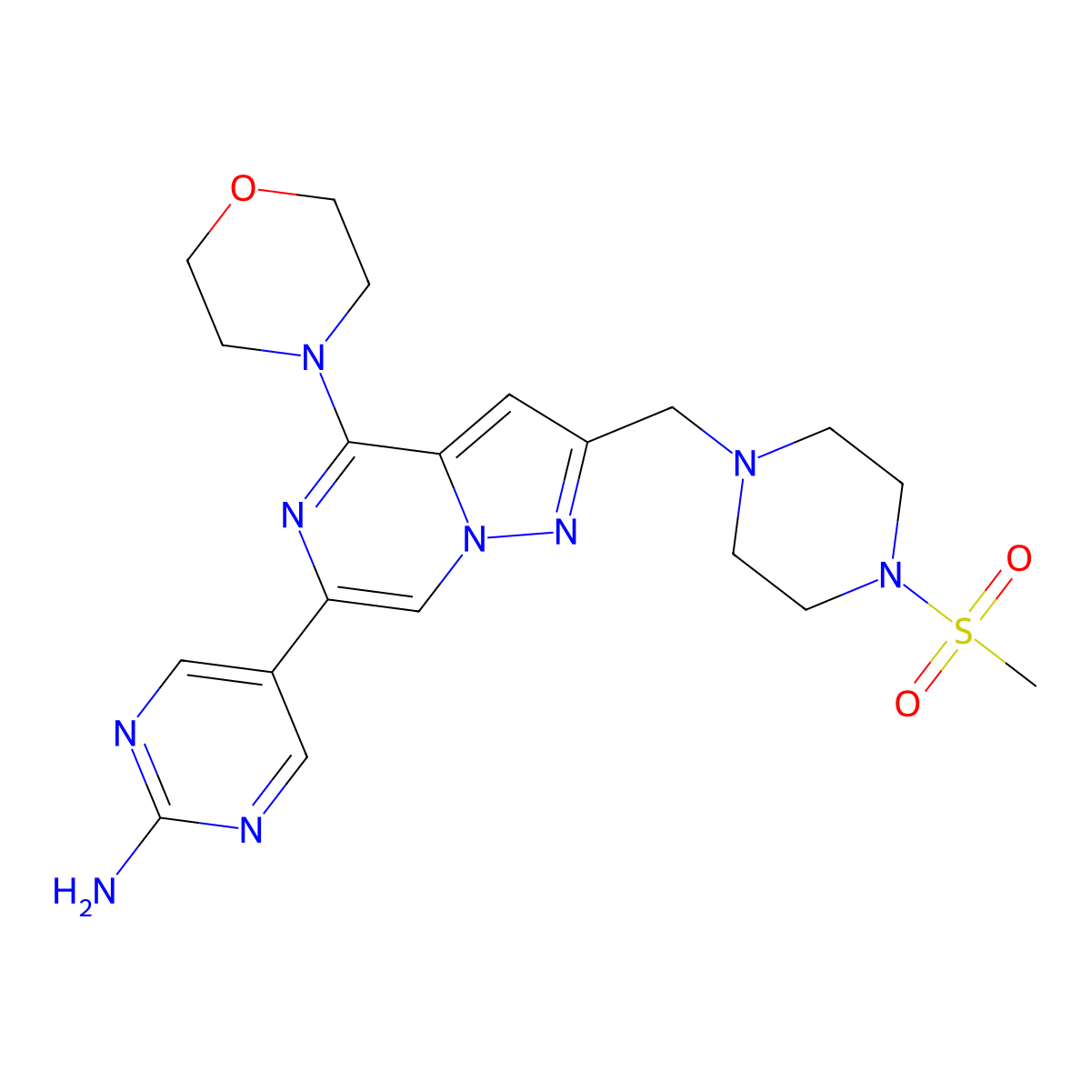 5-[2-(4-Methanesulfonyl-piperazin-1-ylmethyl)-4-morpholin-4-yl-pyrazolo[1,5-a]pyrazin-6-yl]-pyrimidin-2-ylamine molecular structure, CAS 1316760-76-5
