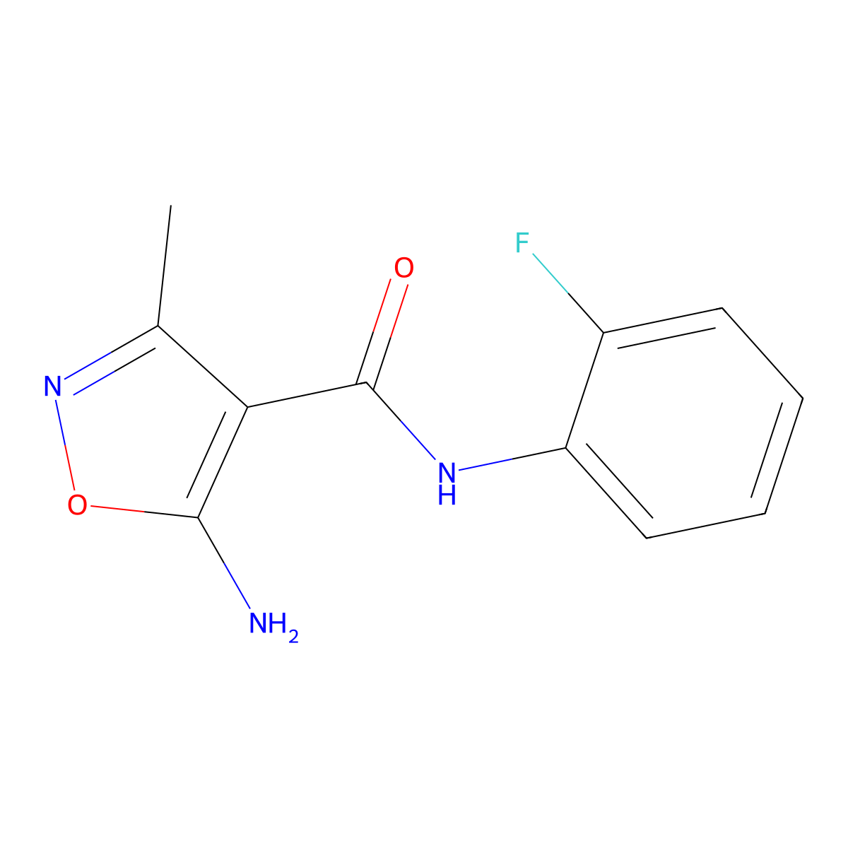5-amino-N-(2-fluorophenyl)-3-methyl-1,2-oxazole-4-carboxamide molecular structure, CAS 131738-18-6