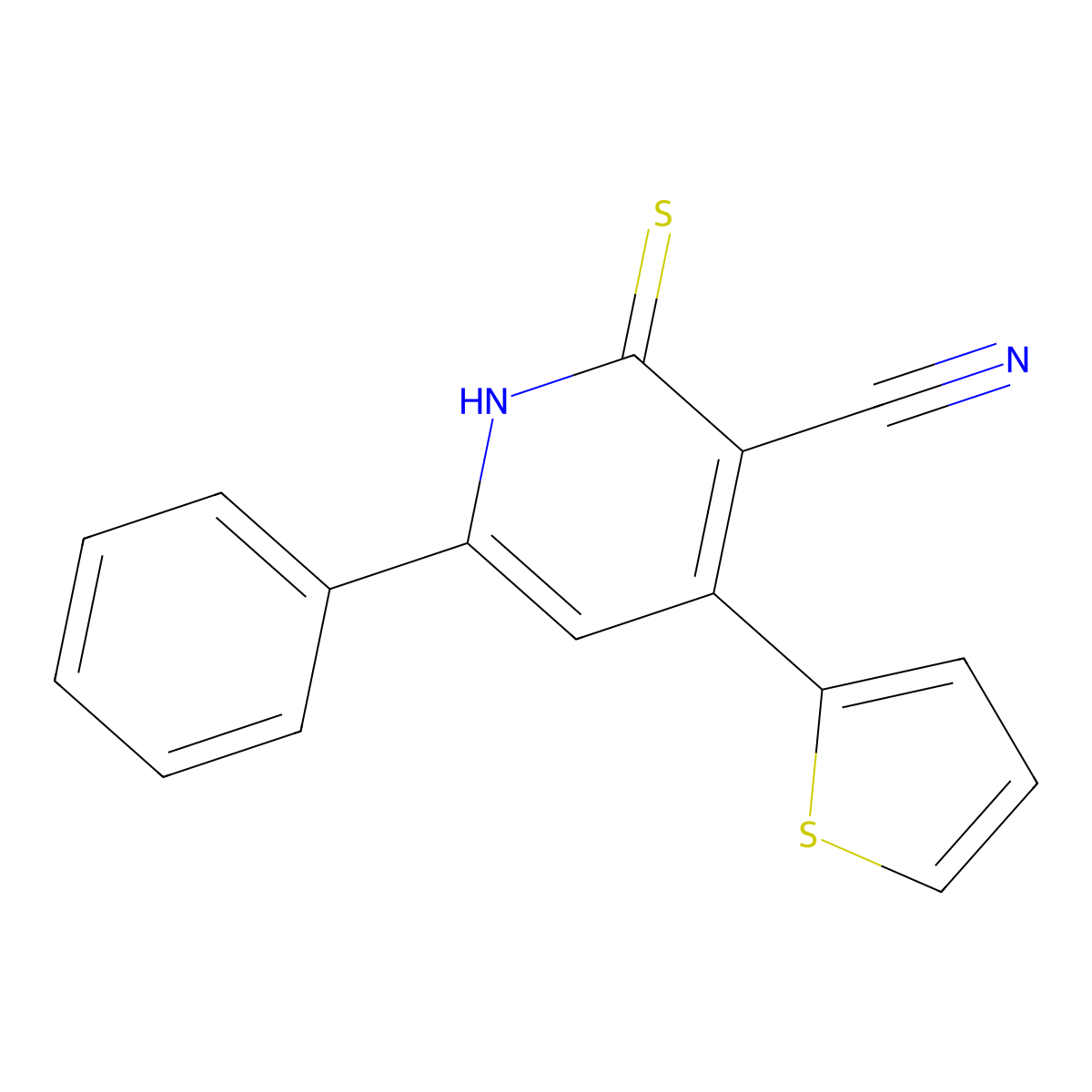 3-Pyridinecarbonitrile, 1,2-dihydro-6-phenyl-4-(2-thienyl)-2-thioxo- molecular structure, CAS 131841-89-9