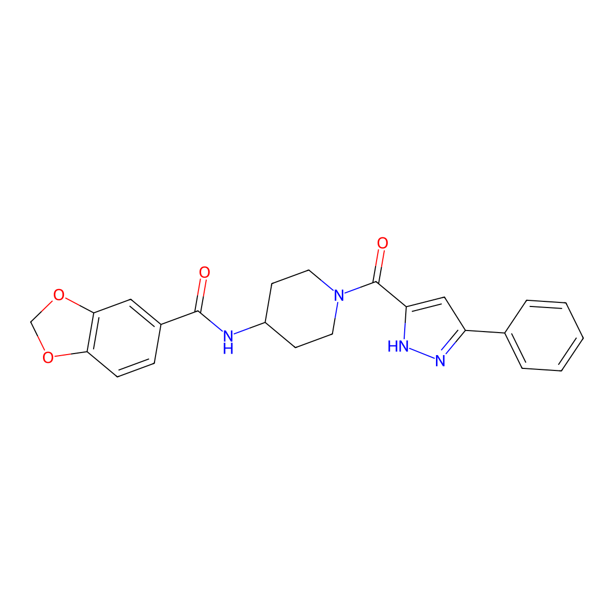 N-(1-(3-phenyl-1H-pyrazole-5-carbonyl)piperidin-4-yl)benzo[d][1,3]dioxole-5-carboxamide molecular structure, CAS 1319121-47-5