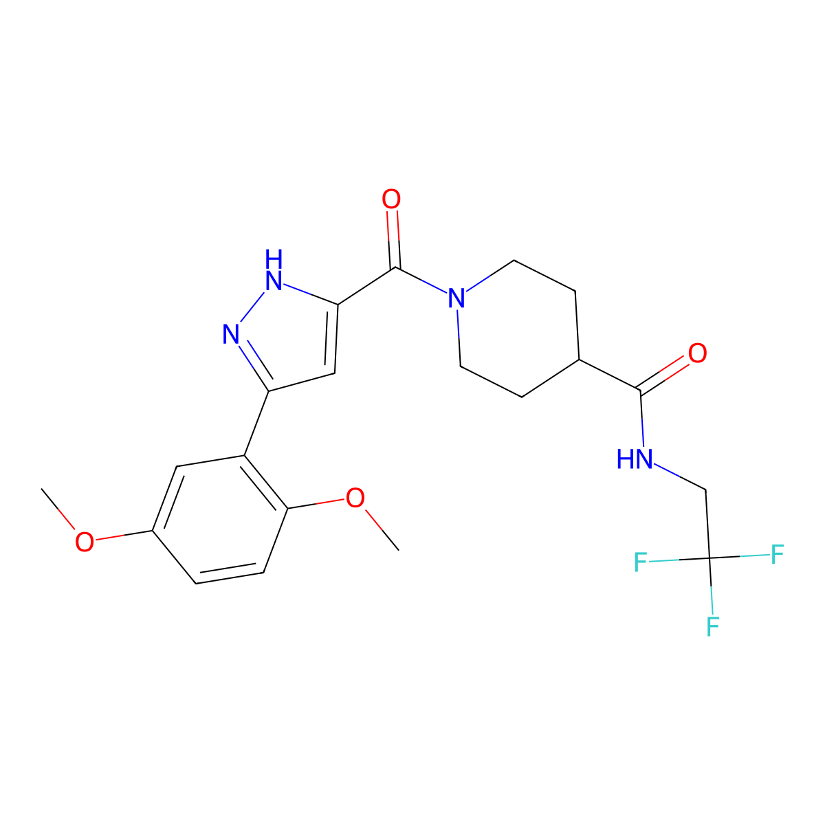 1-[3-(2,5-dimethoxyphenyl)-1H-pyrazole-5-carbonyl]-N-(2,2,2-trifluoroethyl)piperidine-4-carboxamide molecular structure, CAS 1319122-22-9