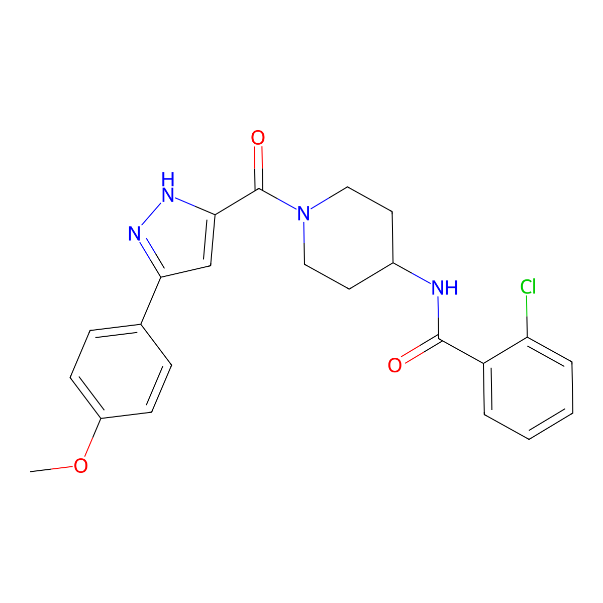 2-chloro-N-(1-(3-(4-methoxyphenyl)-1H-pyrazole-5-carbonyl)piperidin-4-yl)benzamide molecular structure, CAS 1319123-17-5