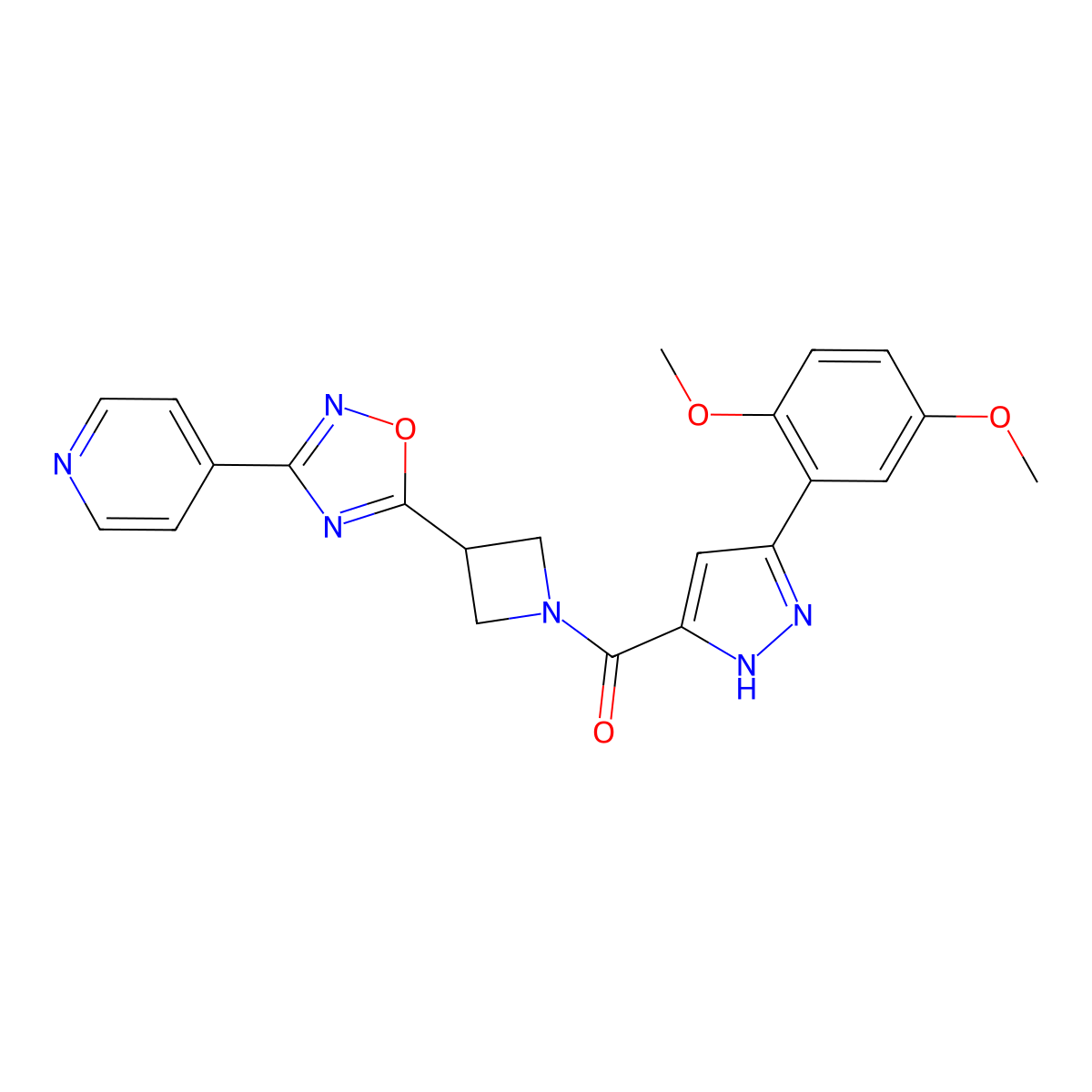 (3-(2,5-dimethoxyphenyl)-1H-pyrazol-5-yl)(3-(3-(pyridin-4-yl)-1,2,4-oxadiazol-5-yl)azetidin-1-yl)methanone molecular structure, CAS 1319123-69-7