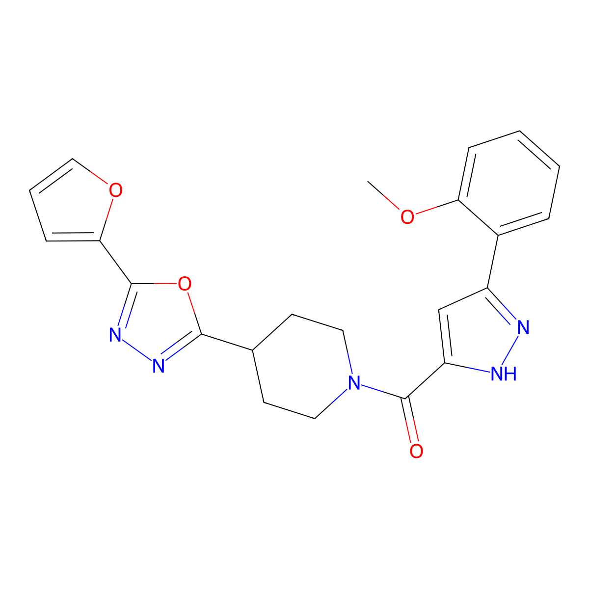 4-[5-(furan-2-yl)-1,3,4-oxadiazol-2-yl]-1-[3-(2-methoxyphenyl)-1H-pyrazole-5-carbonyl]piperidine molecular structure, CAS 1319128-85-2