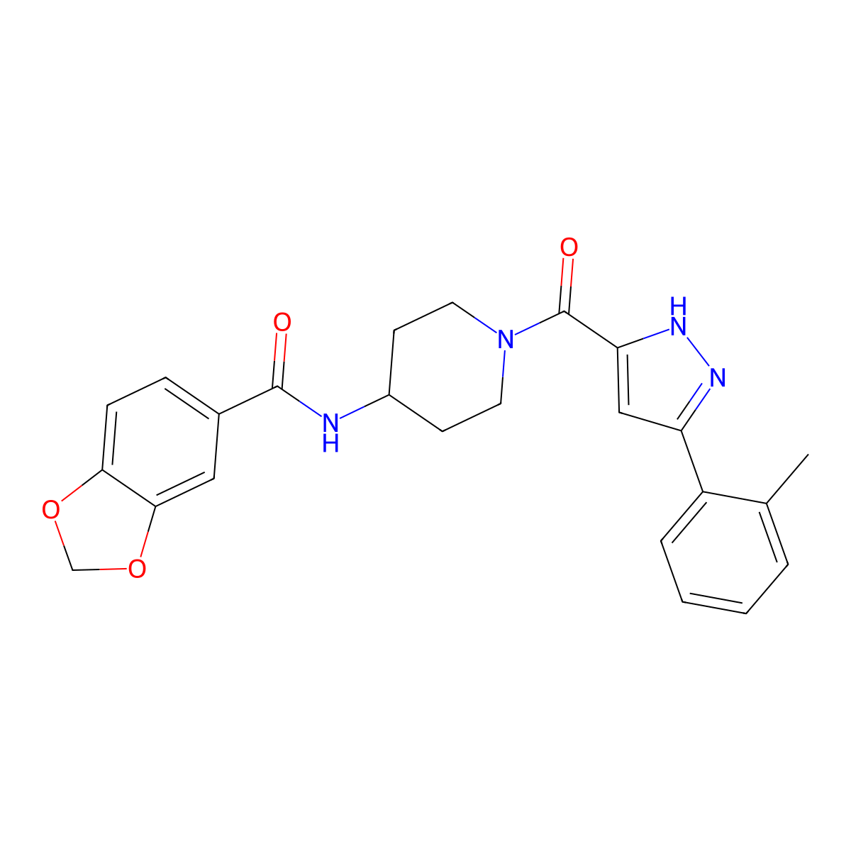 N-(1-(3-(o-tolyl)-1H-pyrazole-5-carbonyl)piperidin-4-yl)benzo[d][1,3]dioxole-5-carboxamide molecular structure, CAS 1319133-51-1