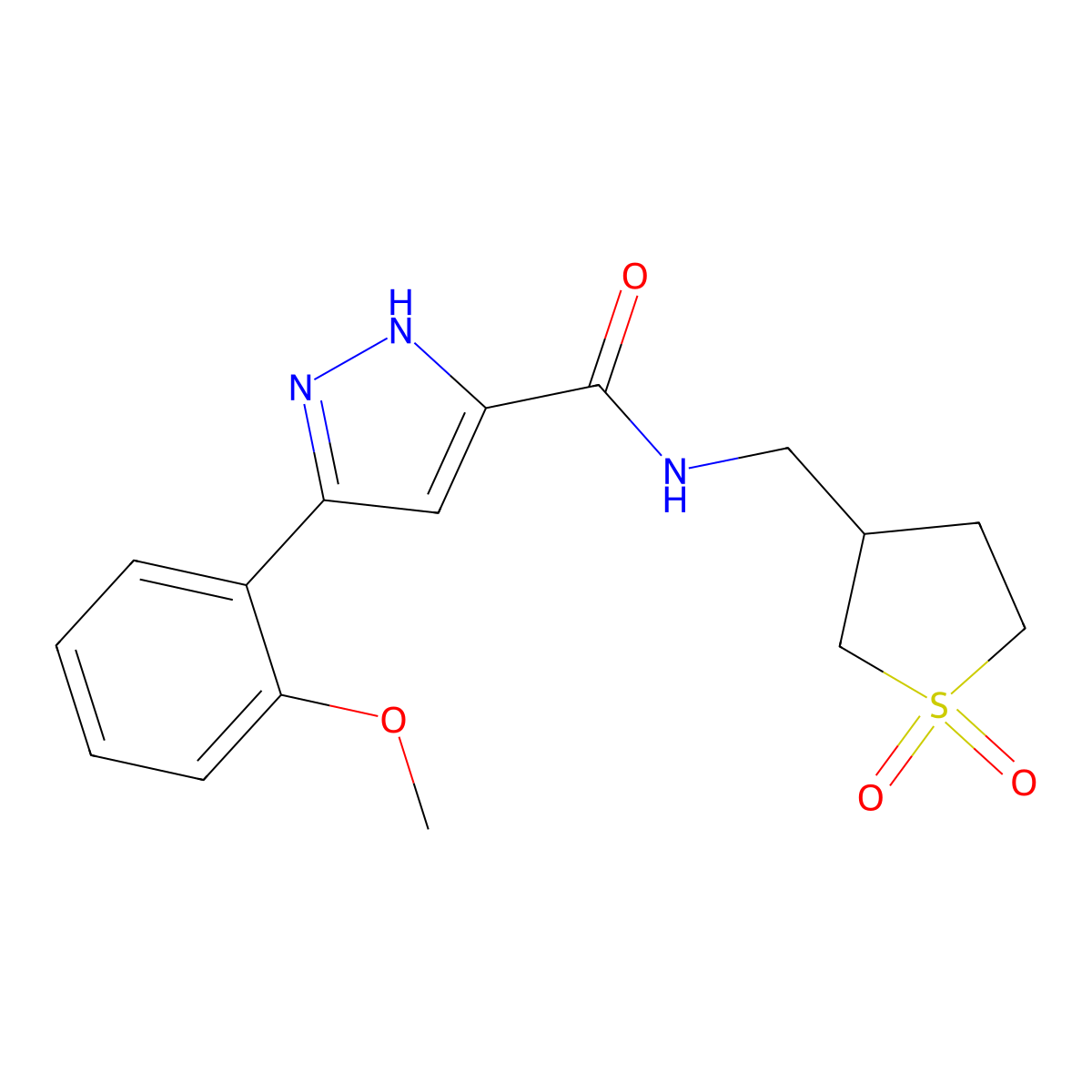 N-((1,1-dioxidotetrahydrothiophen-3-yl)methyl)-3-(2-methoxyphenyl)-1H-pyrazole-5-carboxamide molecular structure, CAS 1319140-76-5