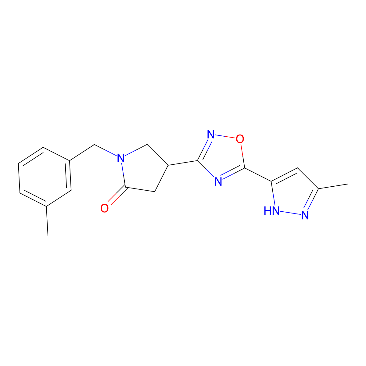 4-(5-(3-methyl-1H-pyrazol-5-yl)-1,2,4-oxadiazol-3-yl)-1-(3-methylbenzyl)pyrrolidin-2-one molecular structure, CAS 1319145-74-8