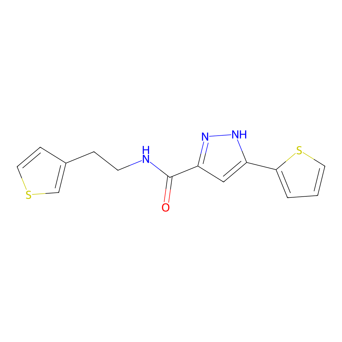 3-(thiophen-2-yl)-N-[2-(thiophen-3-yl)ethyl]-1H-pyrazole-5-carboxamide molecular structure, CAS 1319145-96-4