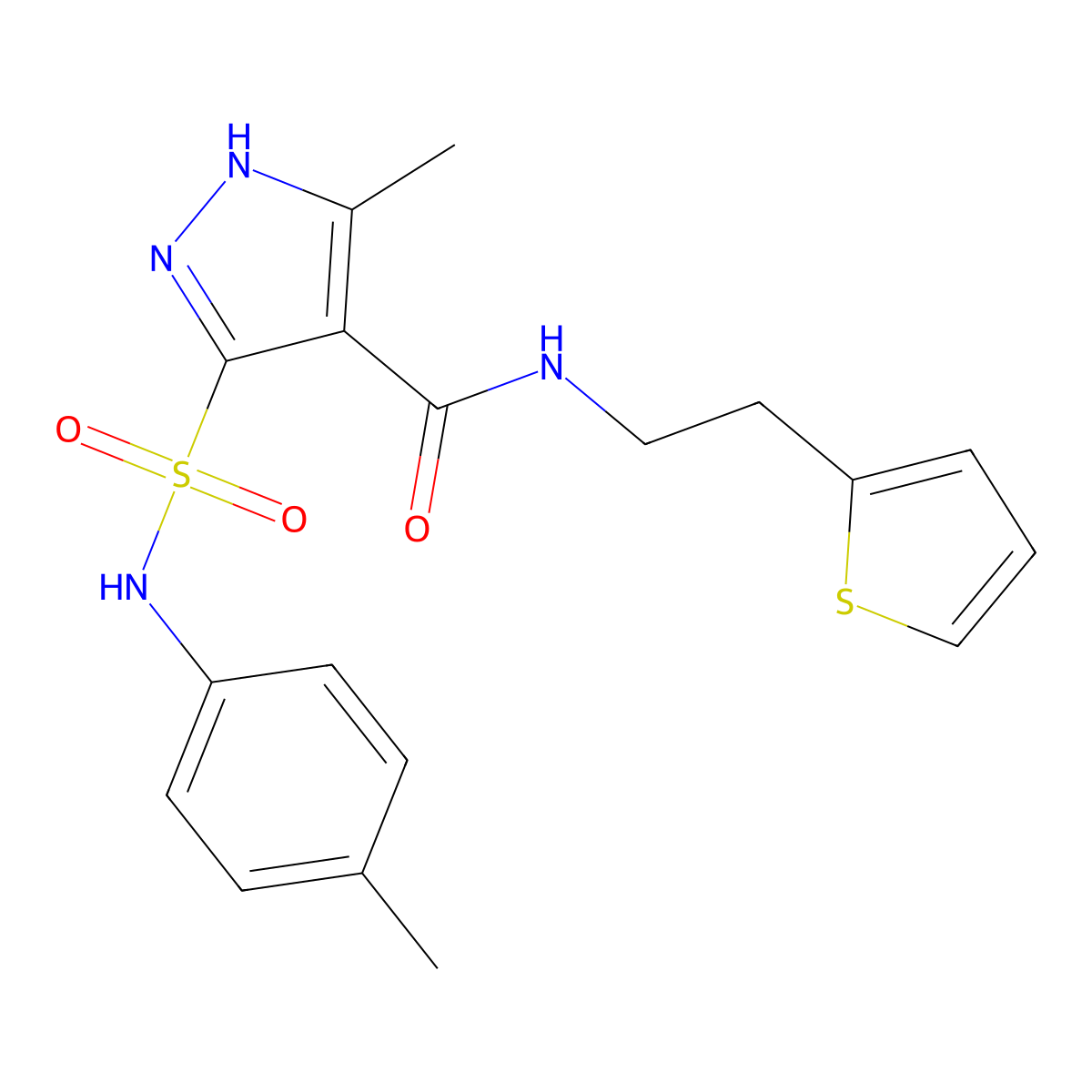 3-methyl-N-(2-(thiophen-2-yl)ethyl)-5-(N-(p-tolyl)sulfamoyl)-1H-pyrazole-4-carboxamide molecular structure, CAS 1319152-18-5