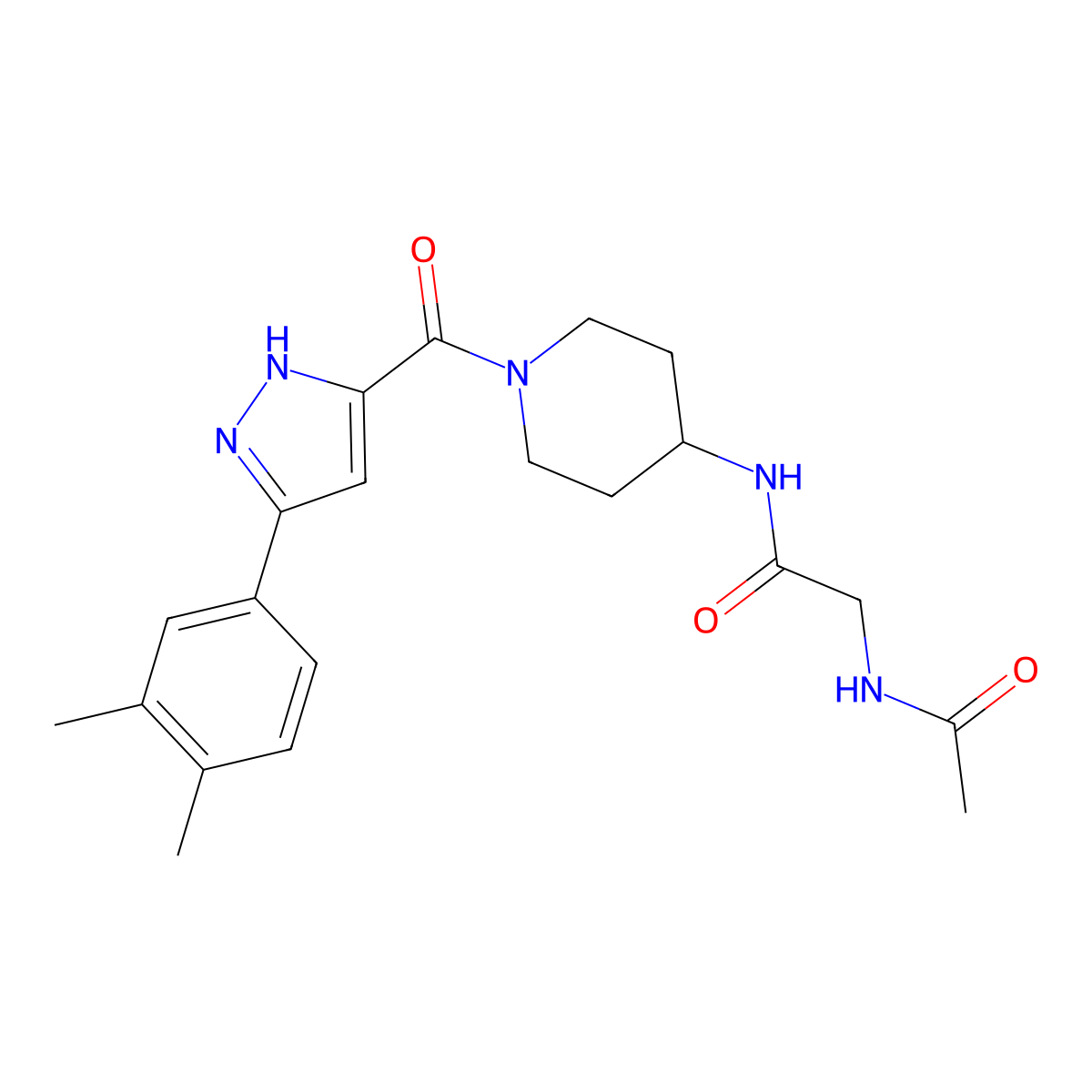 2-acetamido-N-(1-(3-(3,4-dimethylphenyl)-1H-pyrazole-5-carbonyl)piperidin-4-yl)acetamide molecular structure, CAS 1319152-61-8