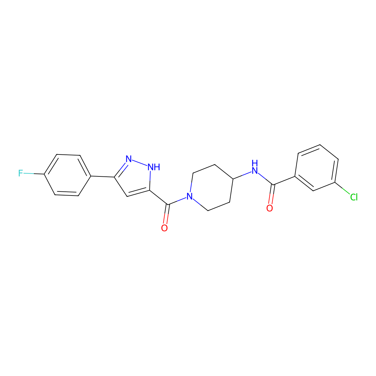 3-chloro-N-{1-[3-(4-fluorophenyl)-1H-pyrazole-5-carbonyl]piperidin-4-yl}benzamide molecular structure, CAS 1319154-76-1