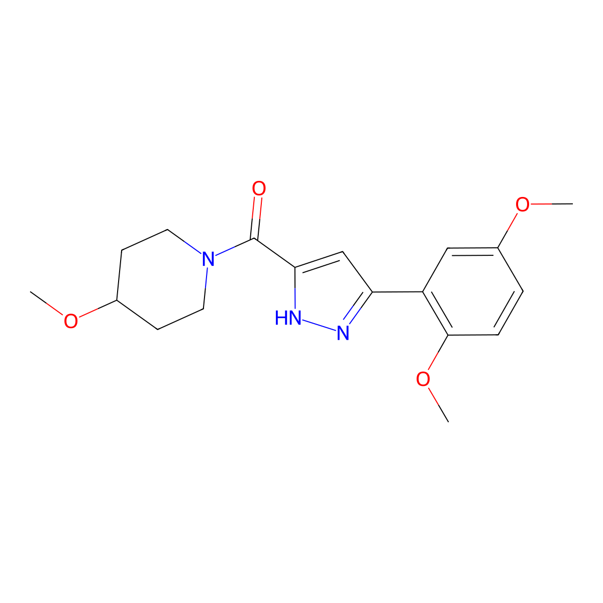 (3-(2,5-dimethoxyphenyl)-1H-pyrazol-5-yl)(4-methoxypiperidin-1-yl)methanone molecular structure, CAS 1319161-76-6
