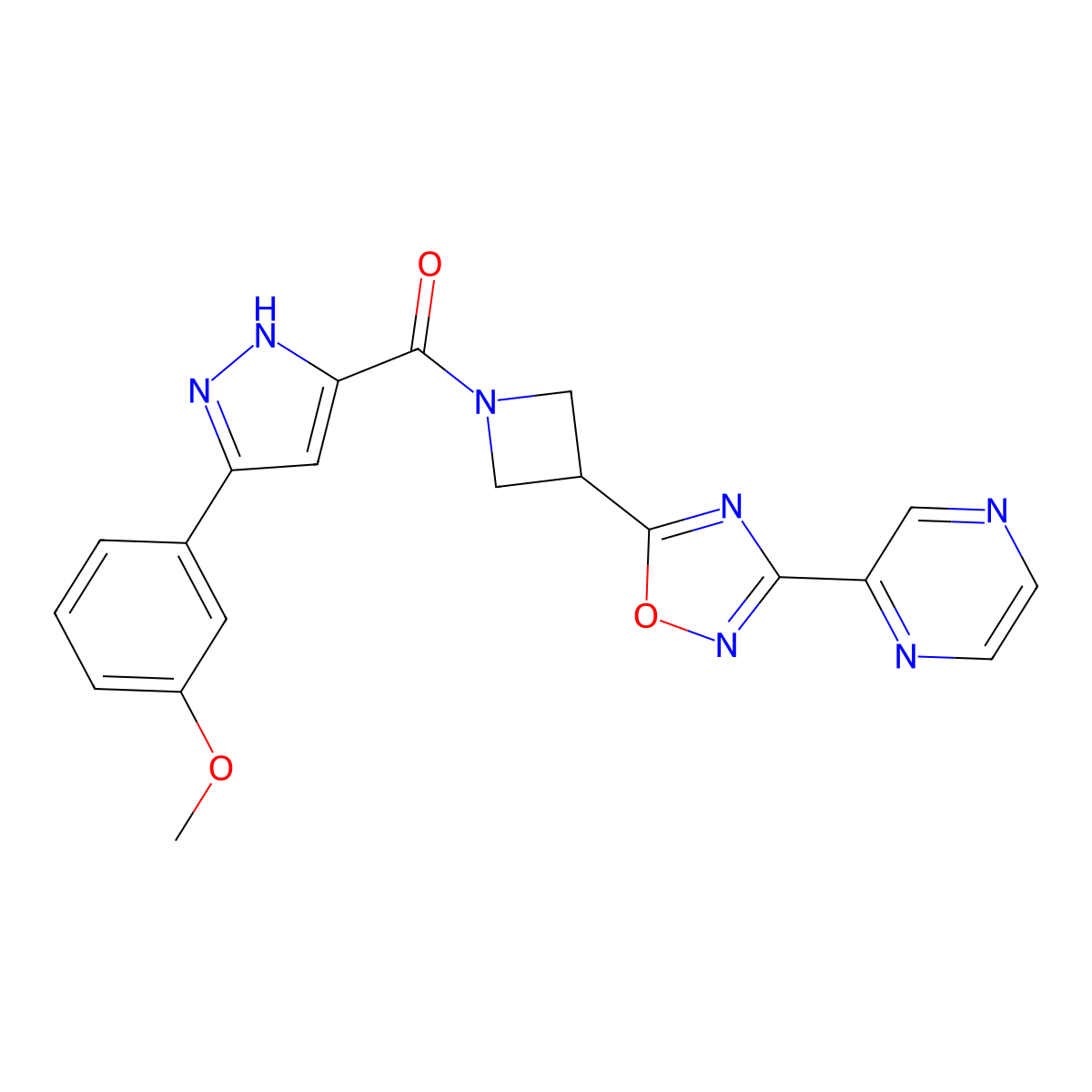 (3-(3-methoxyphenyl)-1H-pyrazol-5-yl)(3-(3-(pyrazin-2-yl)-1,2,4-oxadiazol-5-yl)azetidin-1-yl)methanone molecular structure, CAS 1319161-98-2