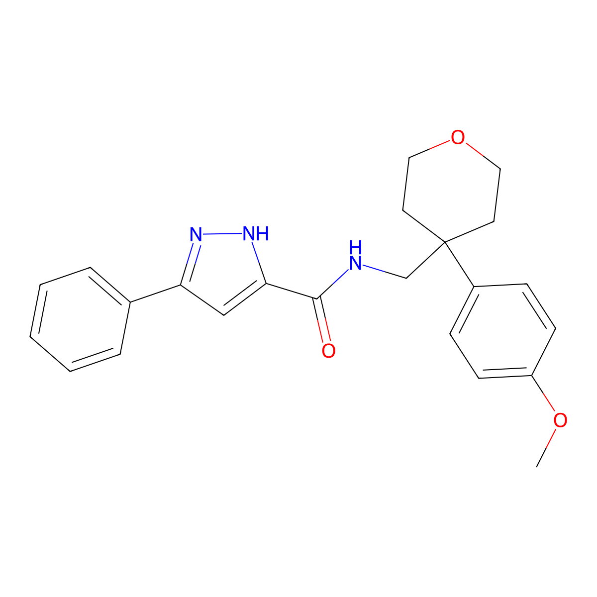 N-((4-(4-methoxyphenyl)tetrahydro-2H-pyran-4-yl)methyl)-3-phenyl-1H-pyrazole-5-carboxamide molecular structure, CAS 1319162-90-7