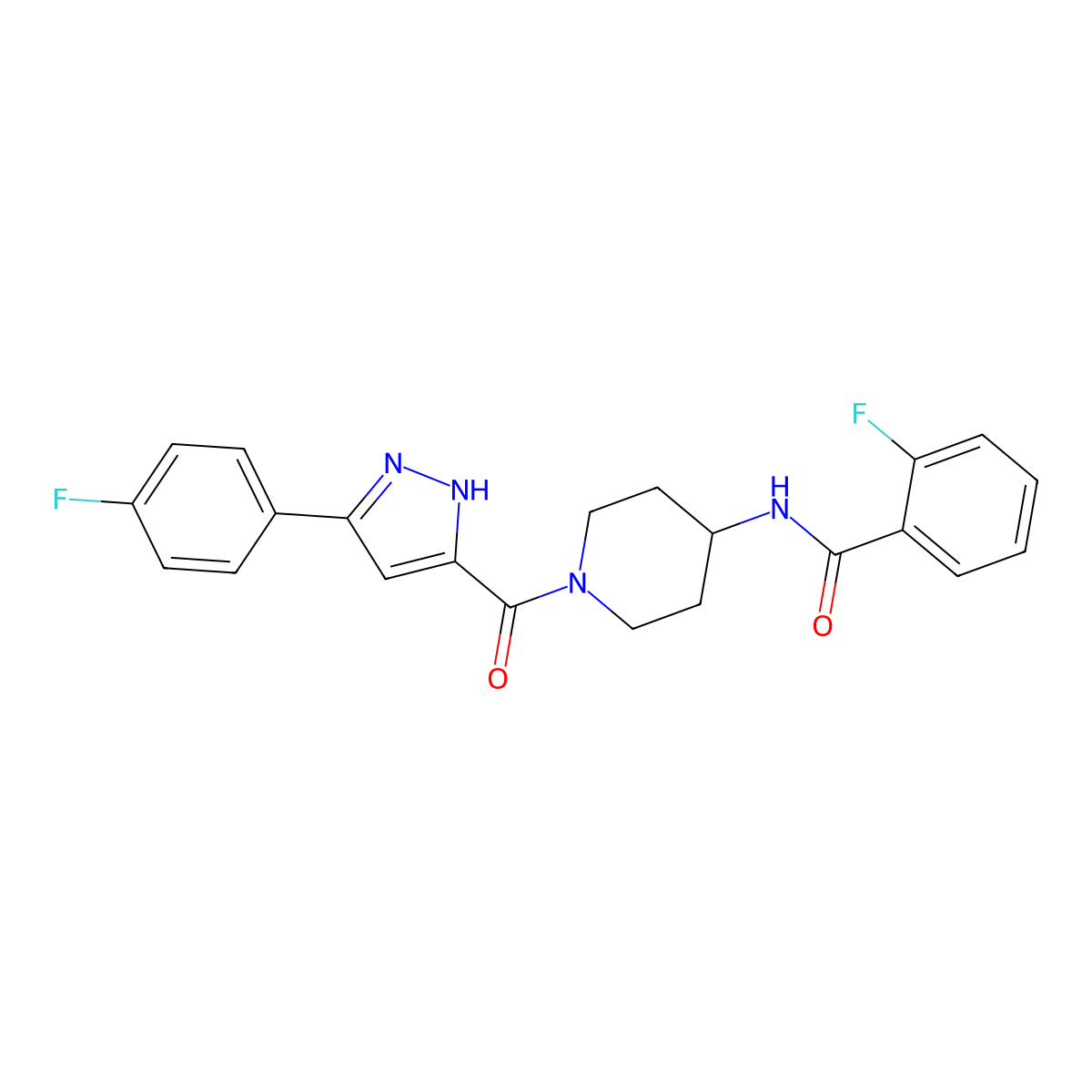 2-fluoro-N-(1-(3-(4-fluorophenyl)-1H-pyrazole-5-carbonyl)piperidin-4-yl)benzamide molecular structure, CAS 1319197-48-2