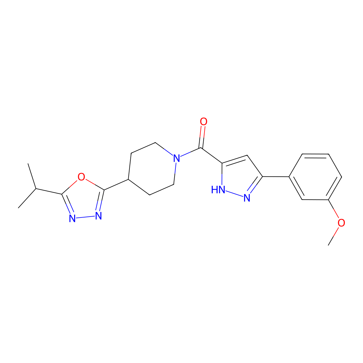 (4-(5-isopropyl-1,3,4-oxadiazol-2-yl)piperidin-1-yl)(3-(3-methoxyphenyl)-1H-pyrazol-5-yl)methanone molecular structure, CAS 1319203-69-4