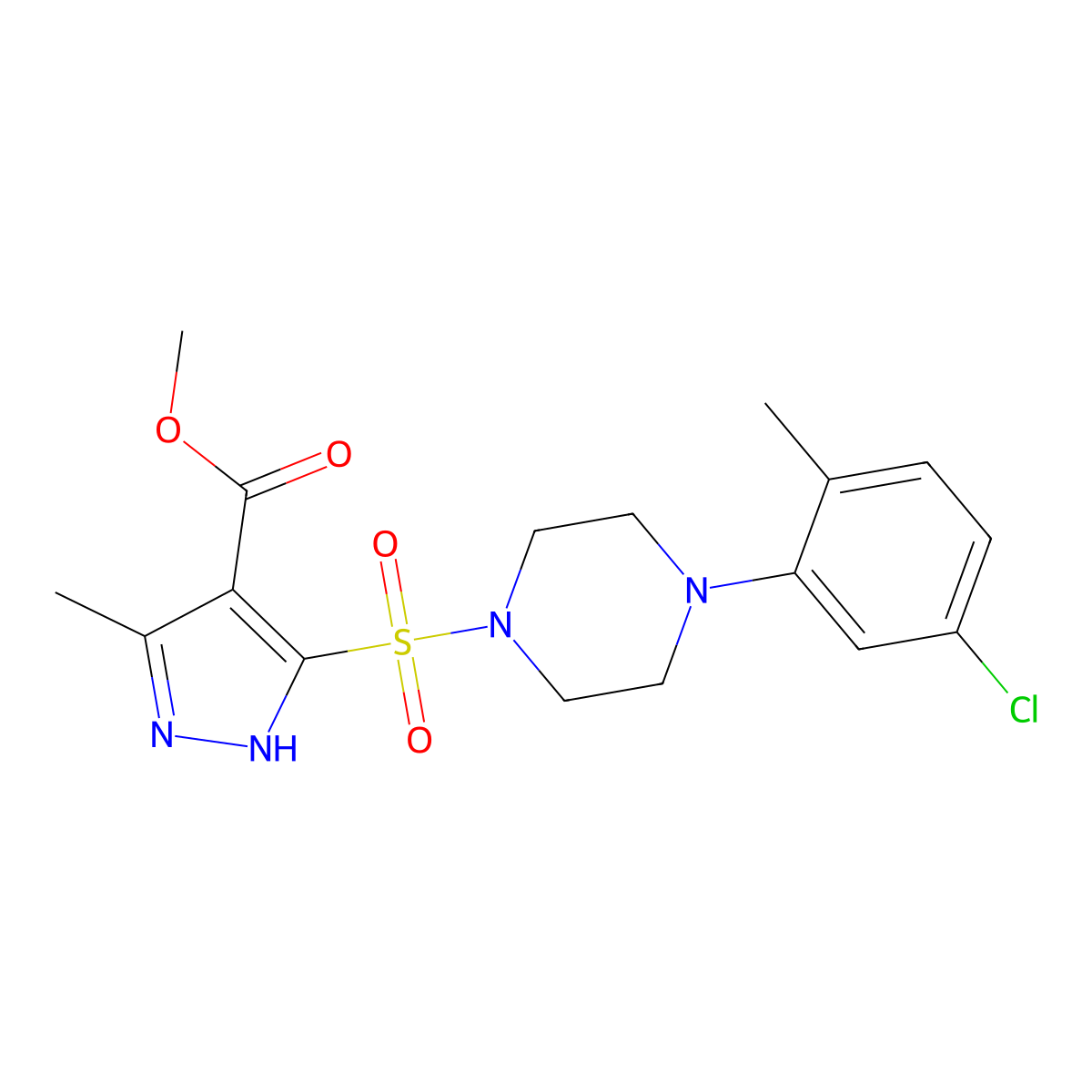 methyl 5-((4-(5-chloro-2-methylphenyl)piperazin-1-yl)sulfonyl)-3-methyl-1H-pyrazole-4-carboxylate molecular structure, CAS 1319203-70-7