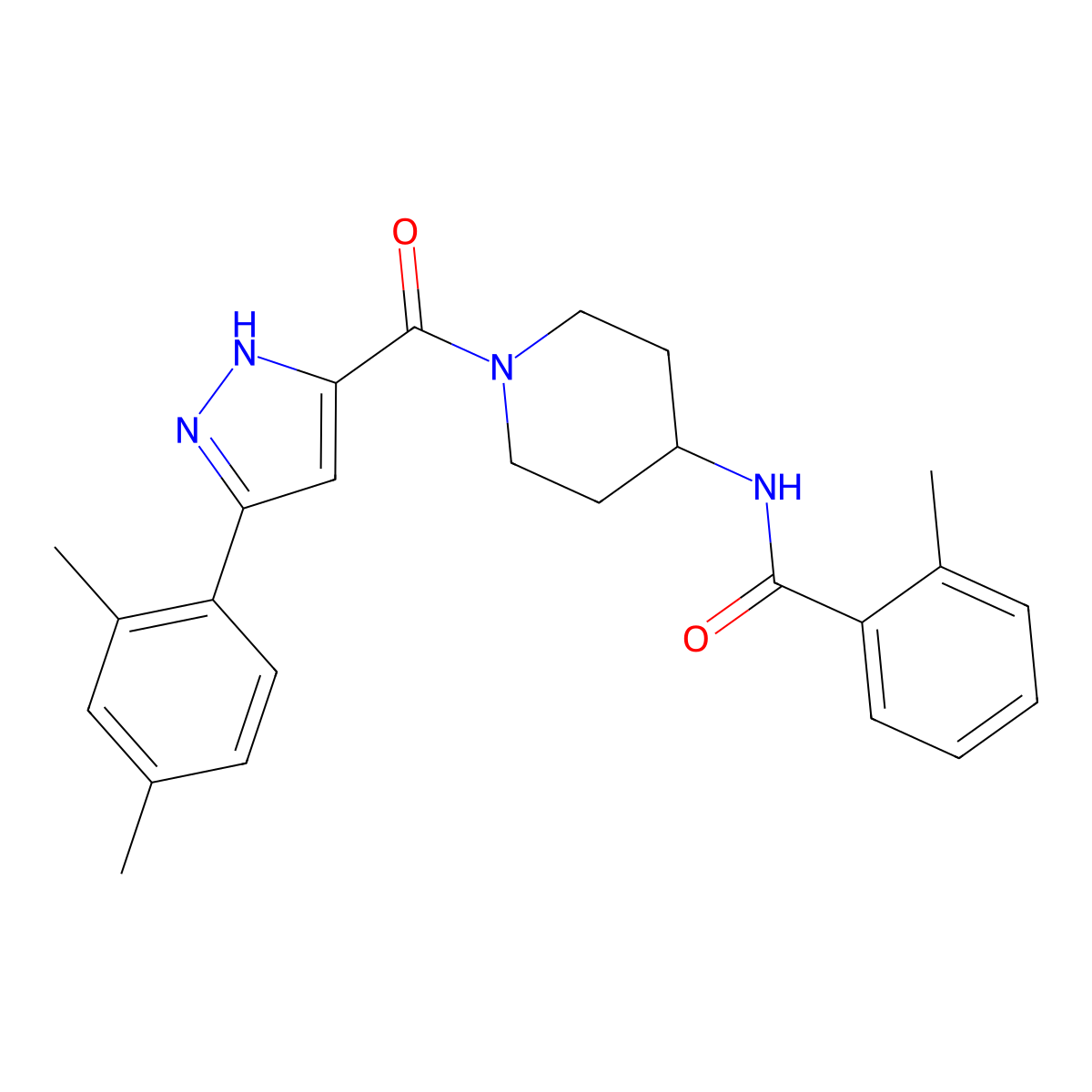N-(1-(3-(2,4-dimethylphenyl)-1H-pyrazole-5-carbonyl)piperidin-4-yl)-2-methylbenzamide molecular structure, CAS 1319203-77-4