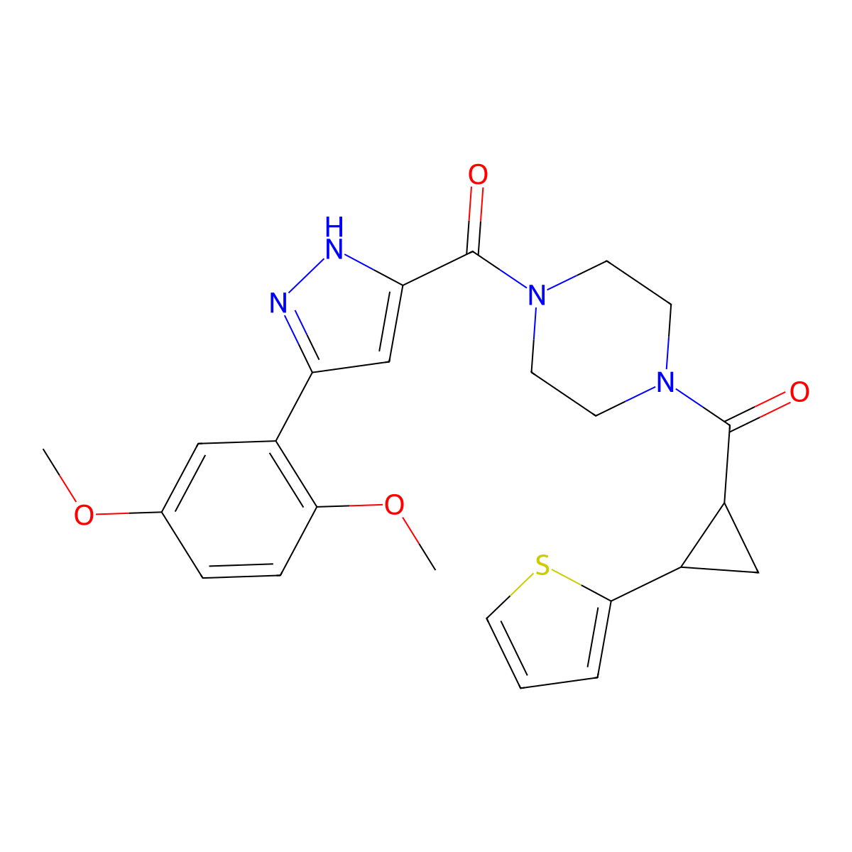 1-[3-(2,5-dimethoxyphenyl)-1H-pyrazole-5-carbonyl]-4-[2-(thiophen-2-yl)cyclopropanecarbonyl]piperazine molecular structure, CAS 1319203-78-5