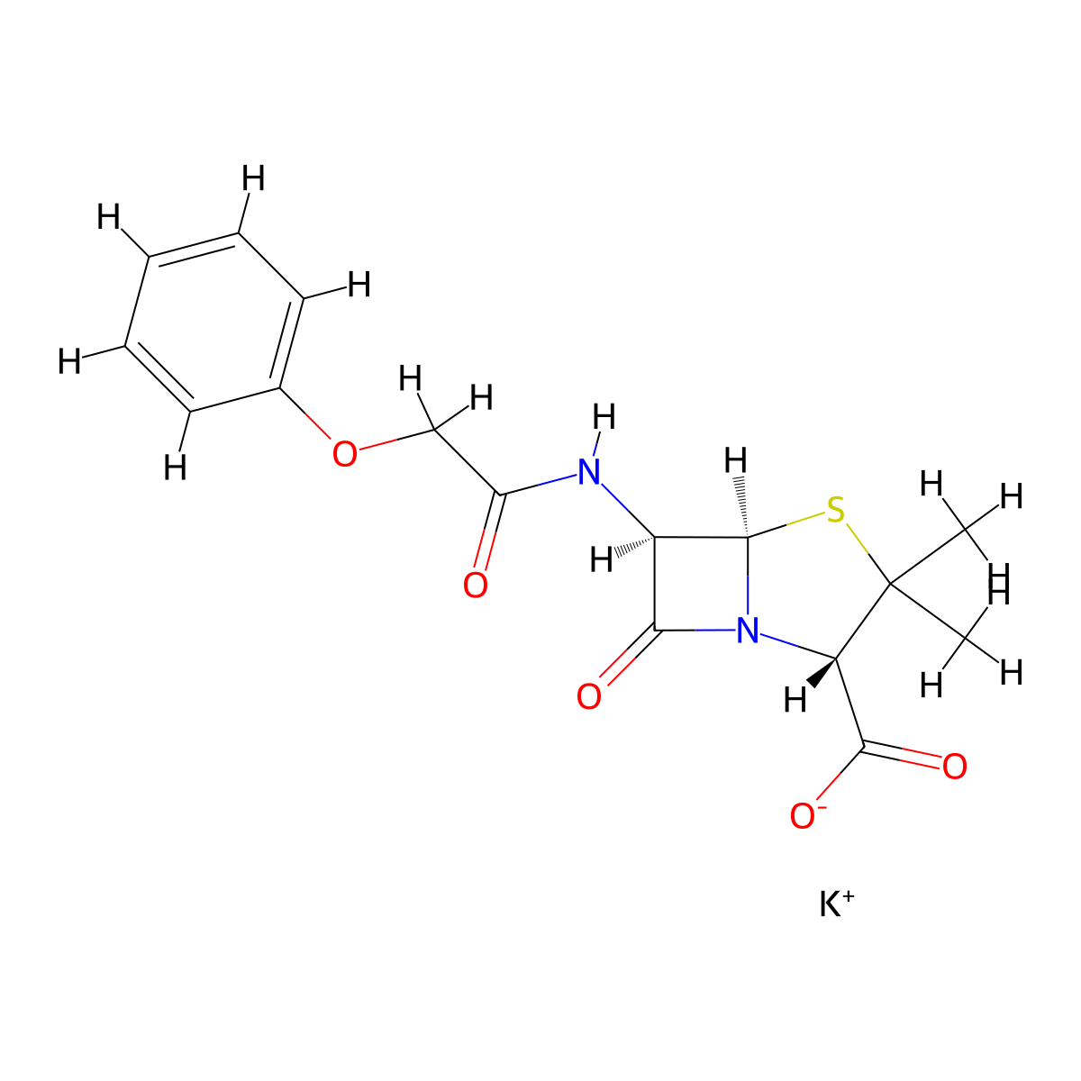 potassium (2S,5R,6R)-3,3-dimethyl-7-oxo-6-[(2-phenoxyacetyl)amino]-4-thia-1-azabicyclo[3.2.0]heptane-2-carboxylate molecular structure, CAS 132-98-9