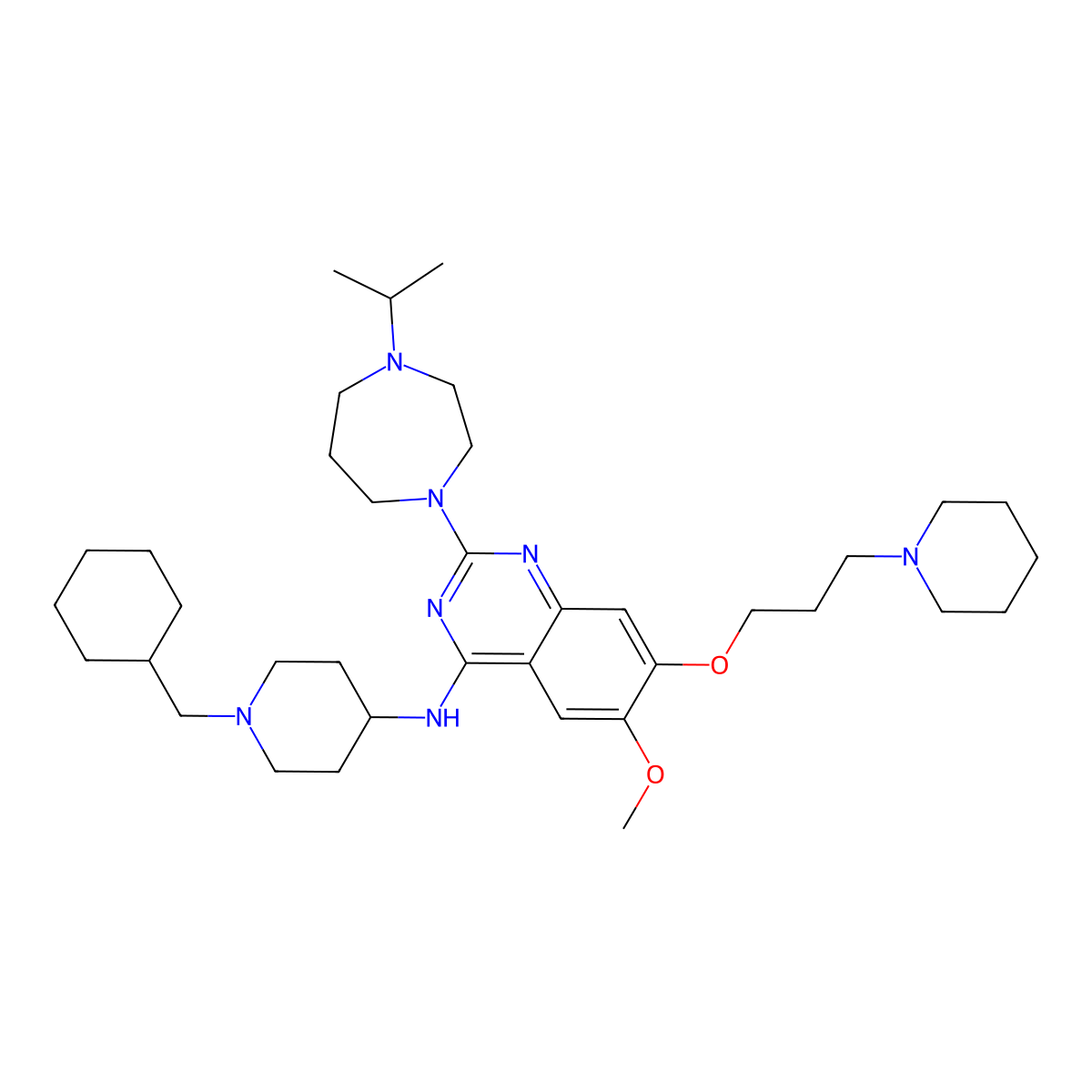 N-(1-(Cyclohexylmethyl)piperidin-4-yl)-2-(4-isopropyl-1,4-diazepan-1-yl)-6-methoxy-7-(3-(piperidin-1-yl)propoxy)quinazolin-4-amine molecular structure, CAS 1320288-19-4