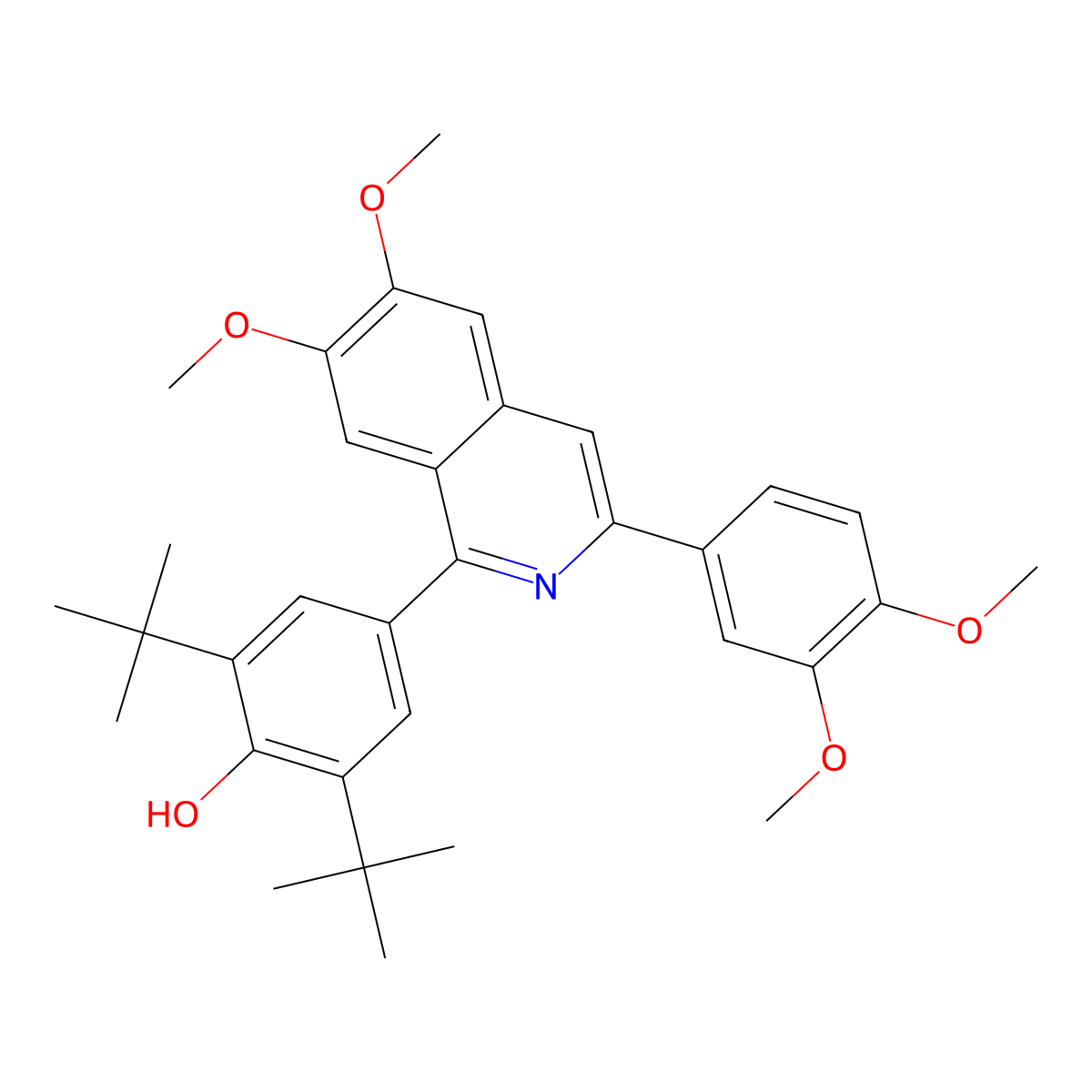 2,6-Di-tert-butyl-4-(3-(3,4-dimethoxyphenyl)-6,7-dimethoxyisoquinolin-1-yl)phenol molecular structure, CAS 132054-22-9