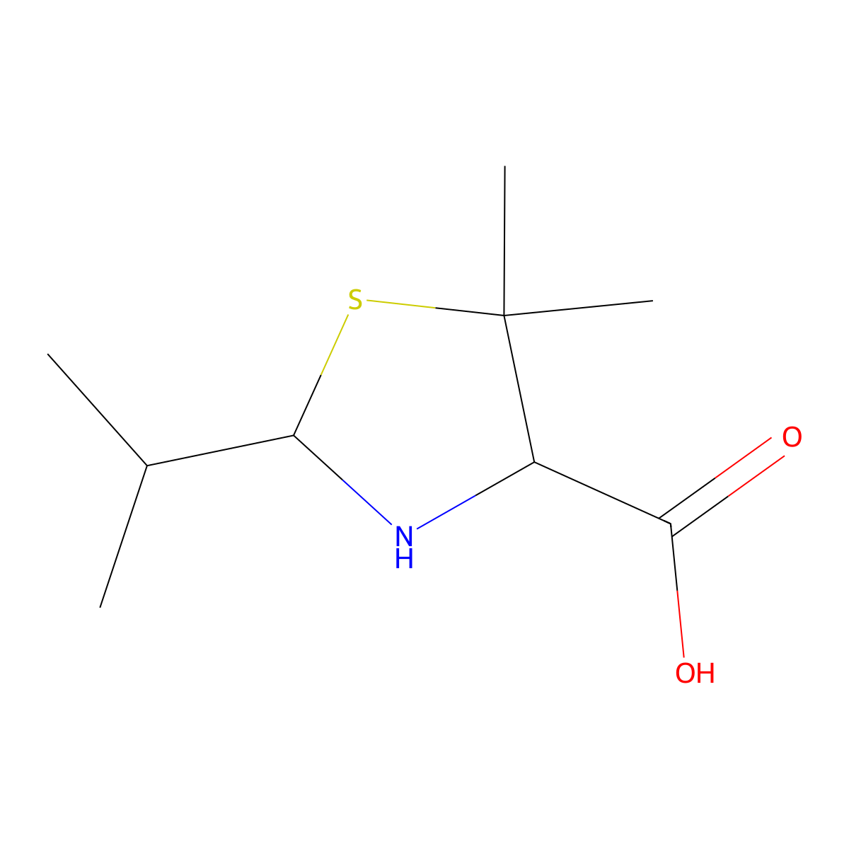 2-Isopropyl-5,5-dimethylthiazolidine-4-carboxylic acid molecular structure, CAS 13206-31-0