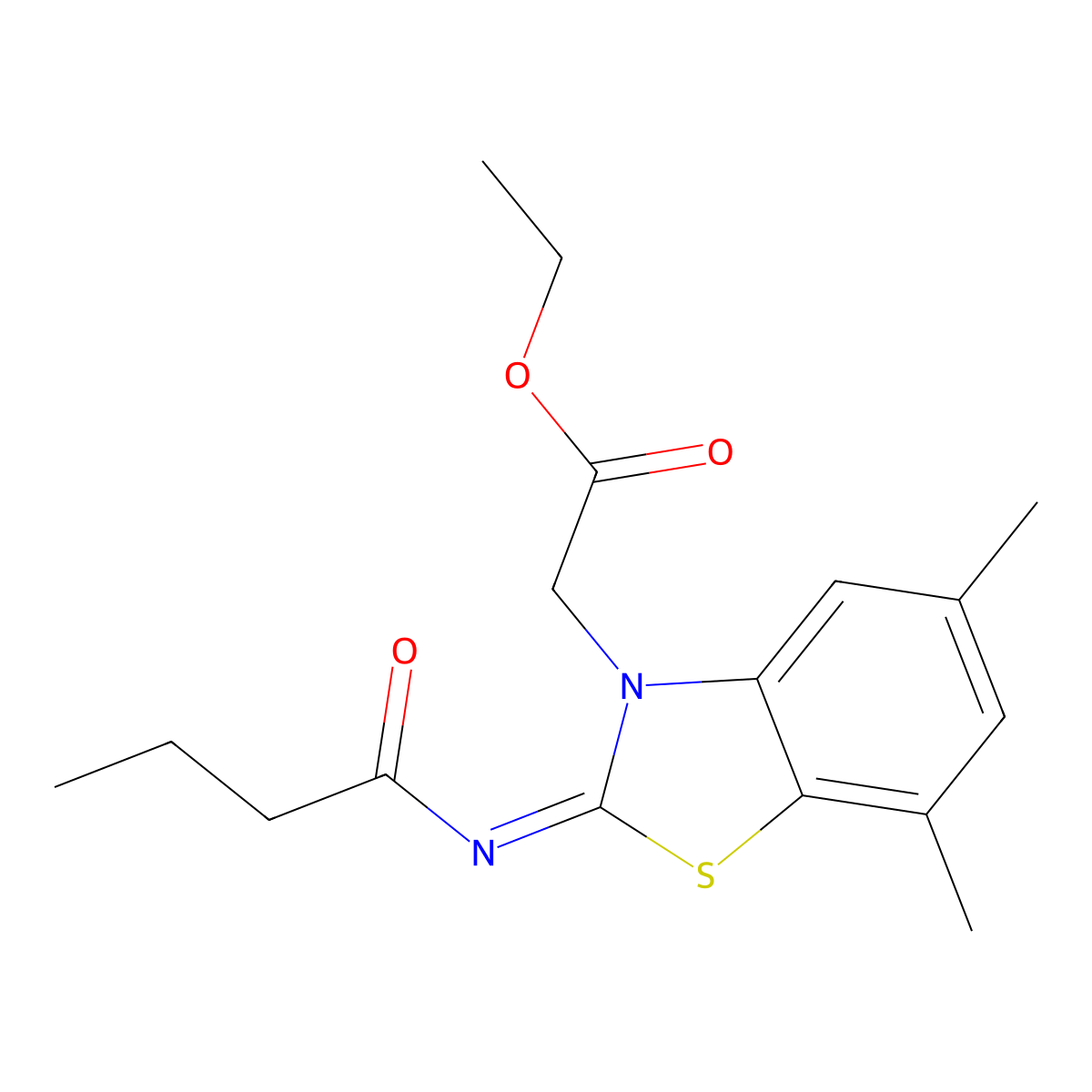 Ethyl 2-(2-butanoylimino-5,7-dimethyl-1,3-benzothiazol-3-yl)acetate molecular structure, CAS 1321656-86-3
