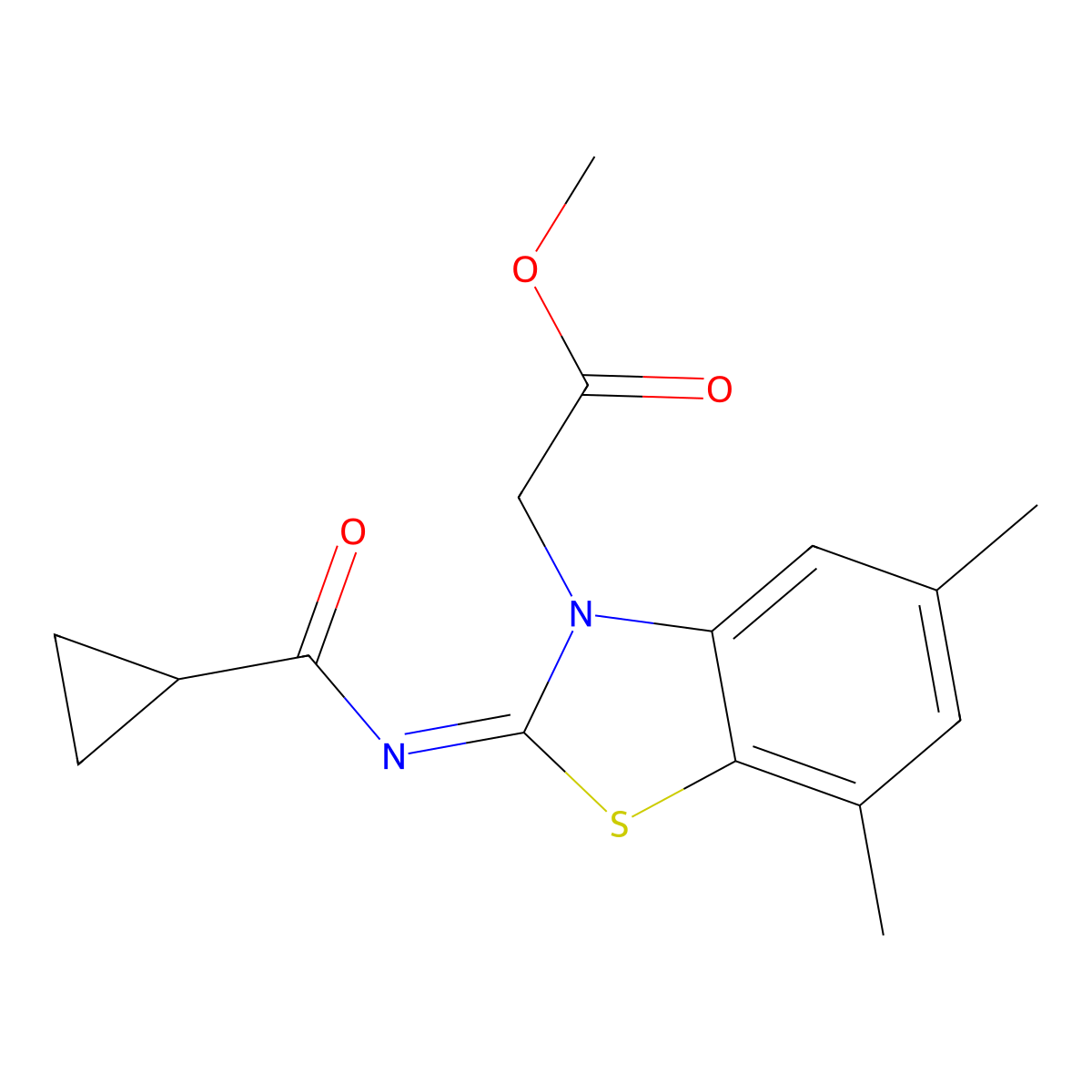 Methyl 2-[2-(cyclopropanecarbonylimino)-5,7-dimethyl-1,3-benzothiazol-3-yl]acetate molecular structure, CAS 1321658-17-6