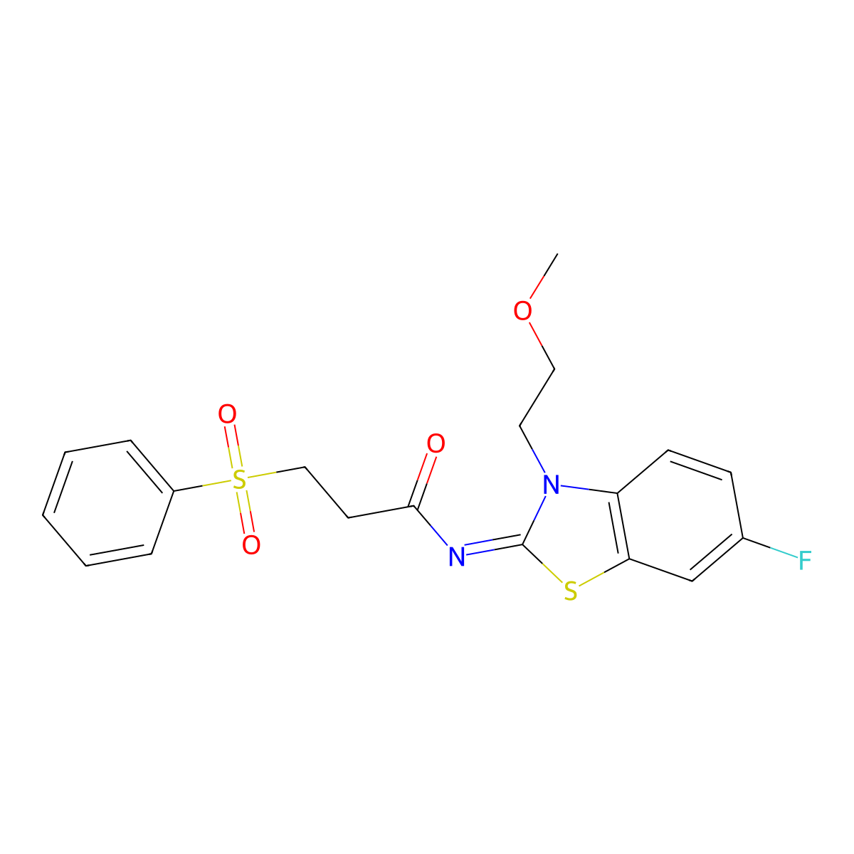 3-(benzenesulfonyl)-N-[(2E)-6-fluoro-3-(2-methoxyethyl)-2,3-dihydro-1,3-benzothiazol-2-ylidene]propanamide molecular structure, CAS 1321659-58-8