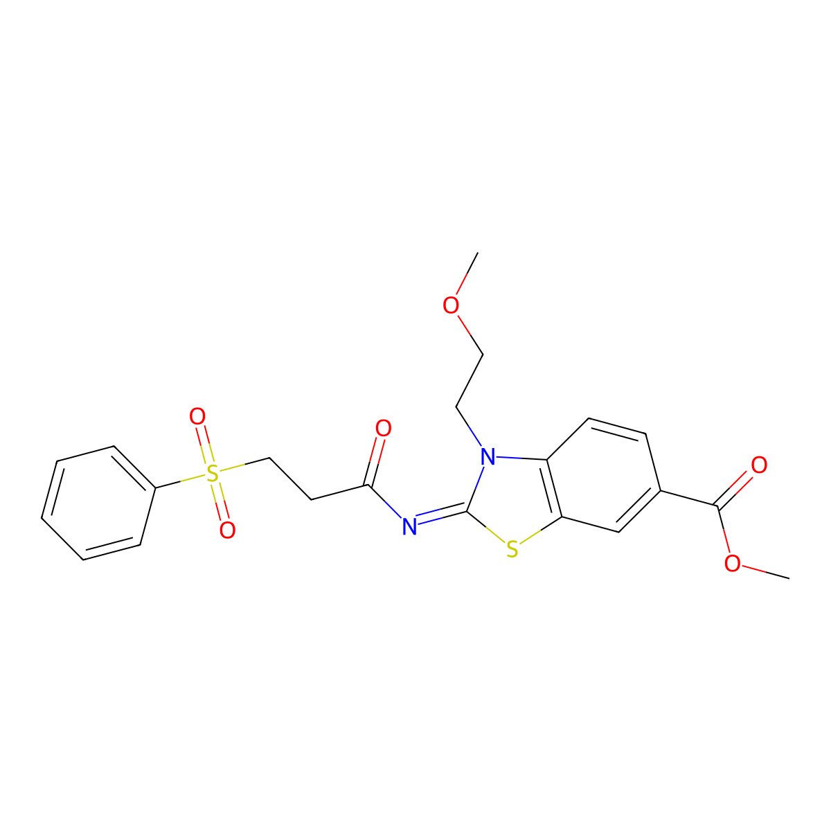 methyl (2E)-2-{[3-(benzenesulfonyl)propanoyl]imino}-3-(2-methoxyethyl)-2,3-dihydro-1,3-benzothiazole-6-carboxylate molecular structure, CAS 1321663-50-6