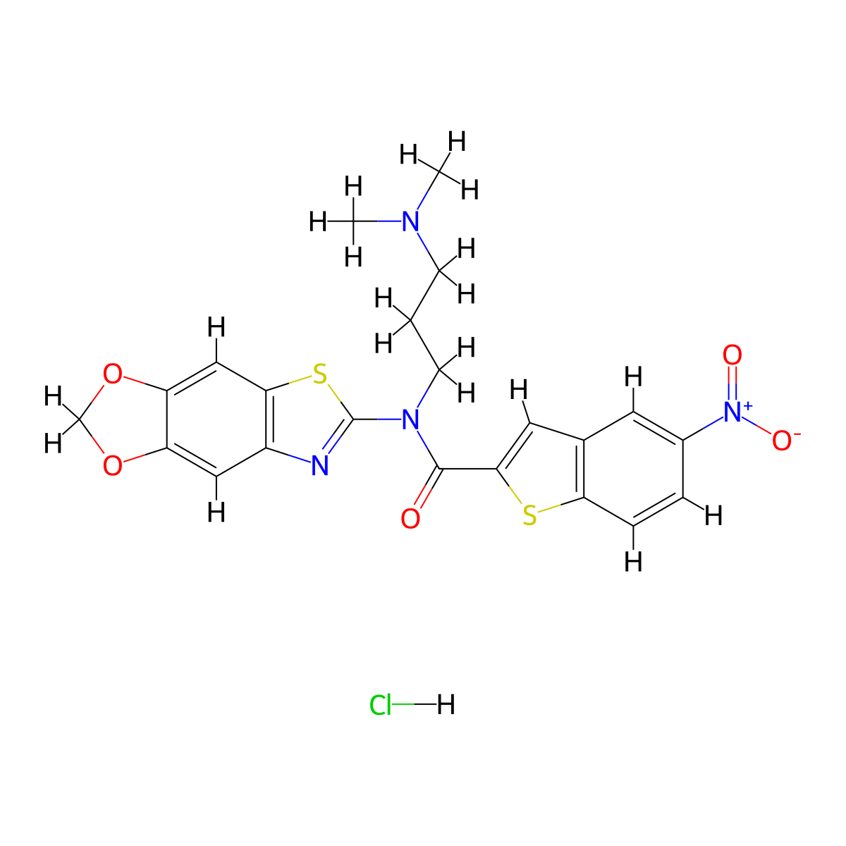 N-([1,3]dioxolo[4',5':4,5]benzo[1,2-d]thiazol-6-yl)-N-(3-(dimethylamino)propyl)-5-nitrobenzo[b]thiophene-2-carboxamide hydrochloride molecular structure, CAS 1321664-93-0