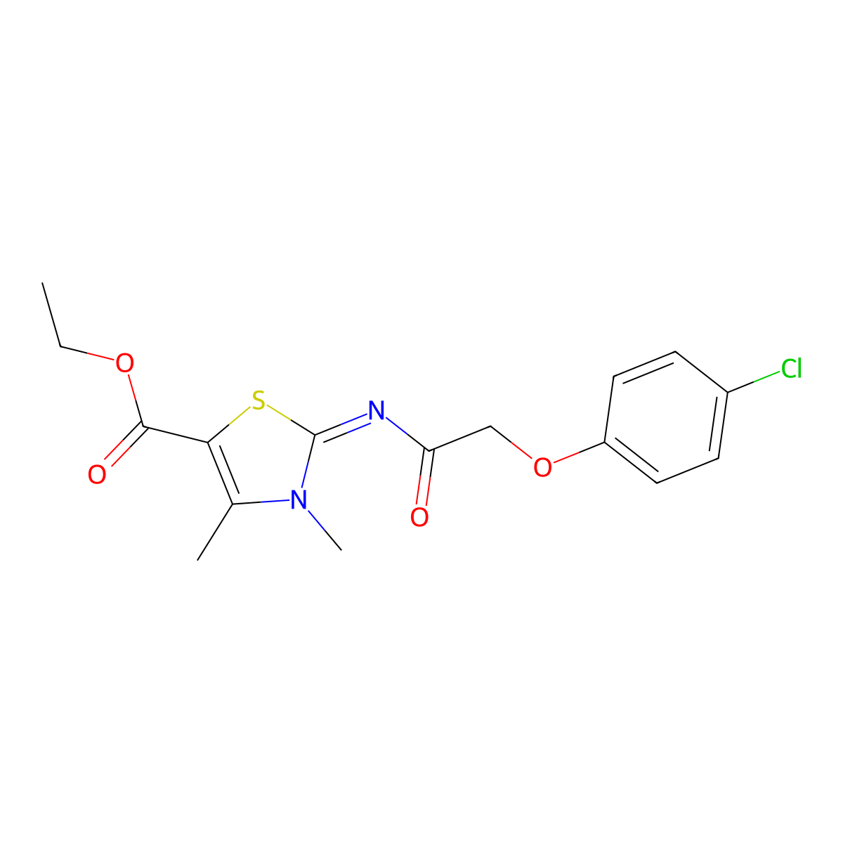 (Z)-ethyl 2-((2-(4-chlorophenoxy)acetyl)imino)-3,4-dimethyl-2,3-dihydrothiazole-5-carboxylate molecular structure, CAS 1321670-68-1