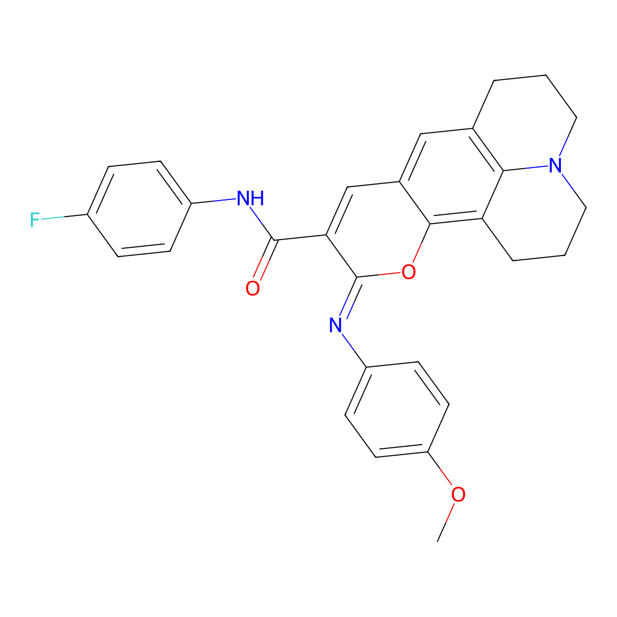 (11Z)-N-(4-fluorophenyl)-11-[(4-methoxyphenyl)imino]-2,3,6,7-tetrahydro-1H,5H,11H-pyrano[2,3-f]pyrido[3,2,1-ij]quinoline-10-carboxamide molecular structure, CAS 1321672-43-8