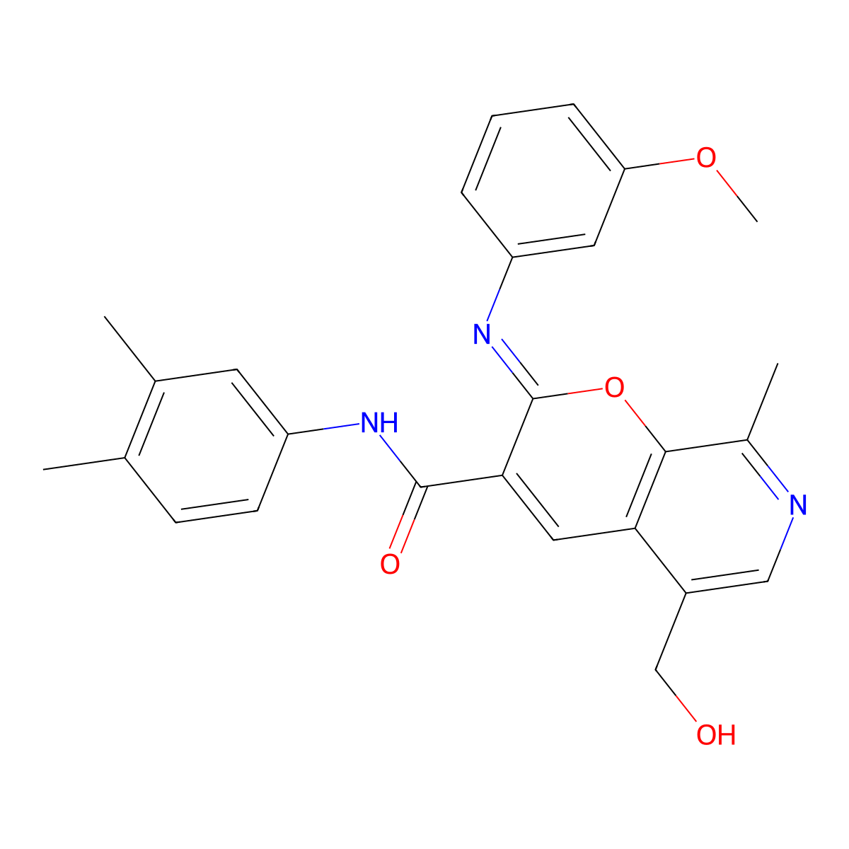 (2Z)-N-(3,4-dimethylphenyl)-5-(hydroxymethyl)-2-[(3-methoxyphenyl)imino]-8-methyl-2H-pyrano[2,3-c]pyridine-3-carboxamide molecular structure, CAS 1321675-74-4