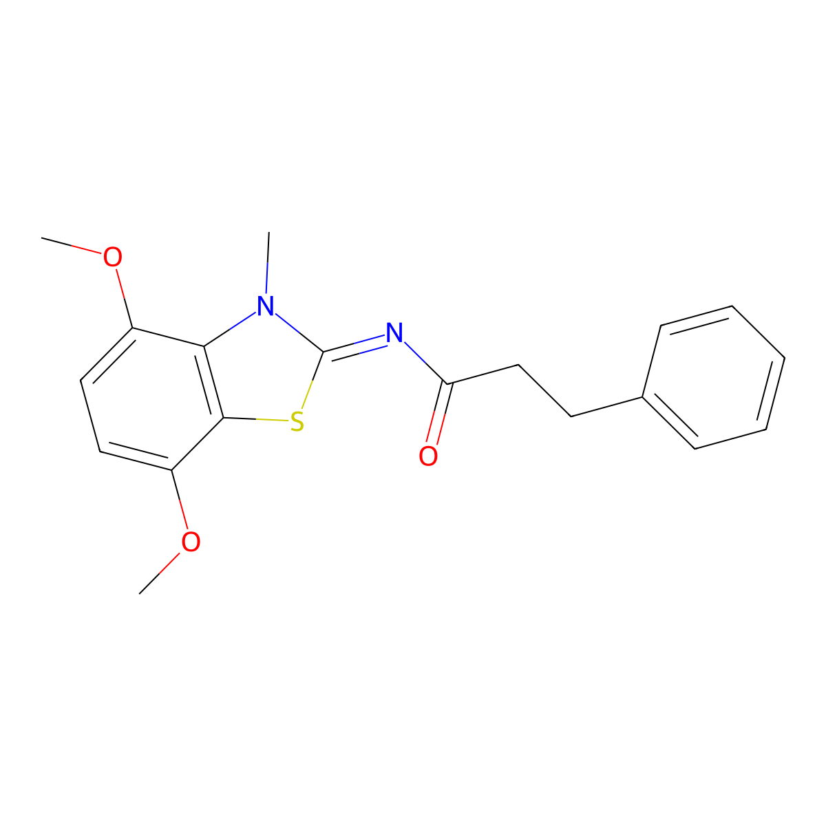 N-(4,7-dimethoxy-3-methyl-1,3-benzothiazol-2-ylidene)-3-phenylpropanamide molecular structure, CAS 1321686-83-2