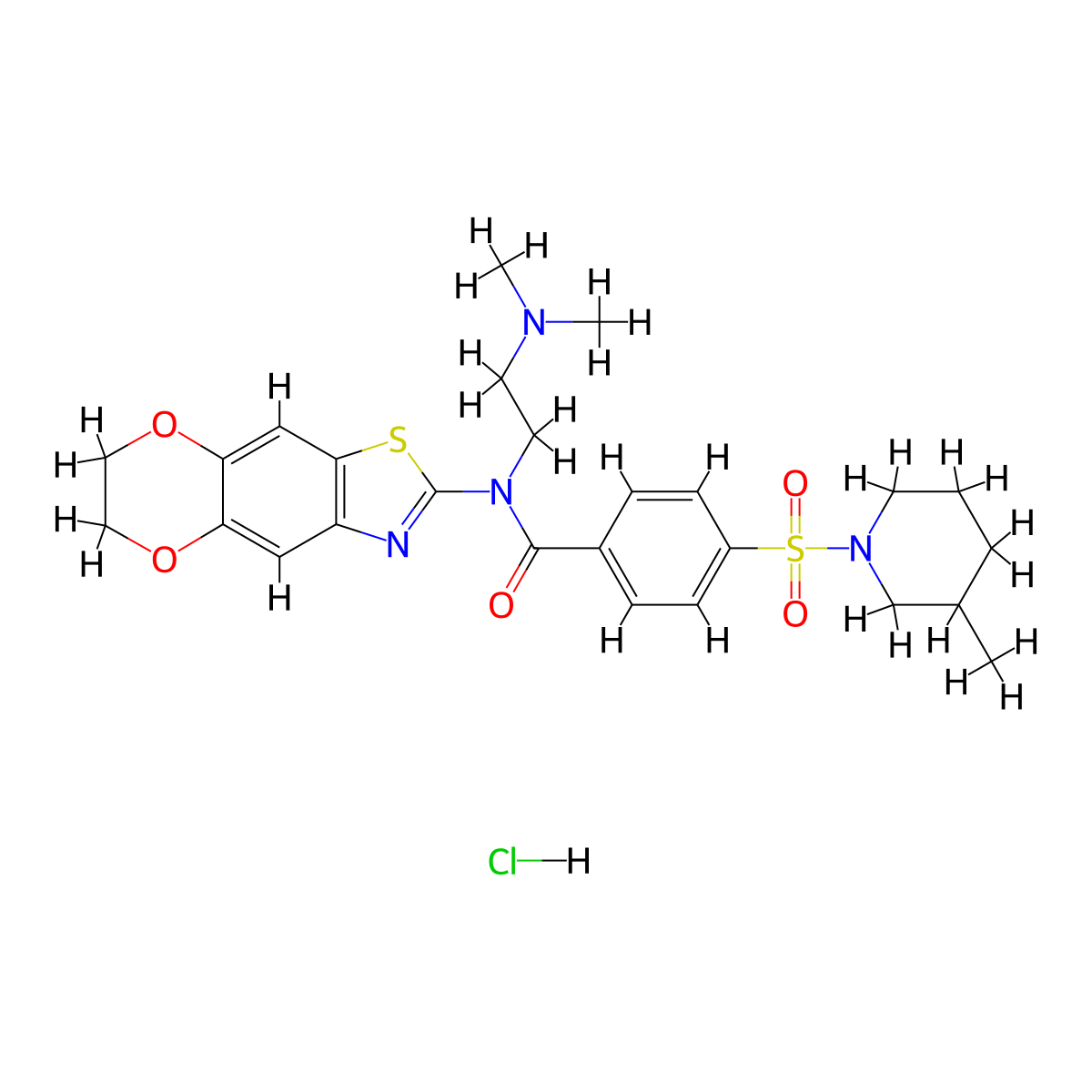 N-[2-(dimethylamino)ethyl]-N-{10,13-dioxa-4-thia-6-azatricyclo[7.4.0.0^{3,7}]trideca-1,3(7),5,8-tetraen-5-yl}-4-[(3-methylpiperidin-1-yl)sulfonyl]benzamide hydrochloride molecular structure, CAS 1321686-99-0