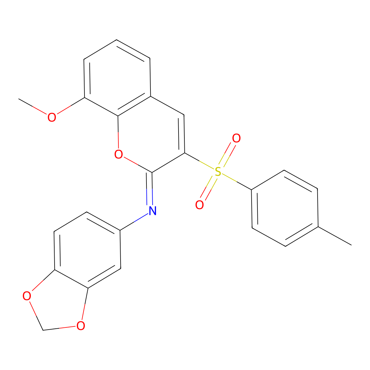 N-(1,3-benzodioxol-5-yl)-8-methoxy-3-(4-methylphenyl)sulfonylchromen-2-imine molecular structure, CAS 1321692-09-4