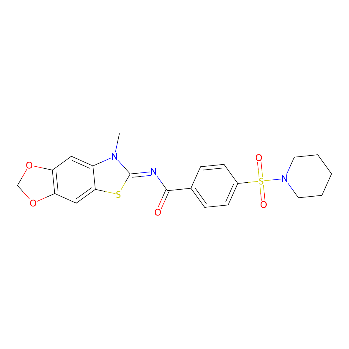 N-[(11E)-12-methyl-4,6-dioxa-10-thia-12-azatricyclo[7.3.0.0^{3,7}]dodeca-1(9),2,7-trien-11-ylidene]-4-(piperidine-1-sulfonyl)benzamide molecular structure, CAS 1321692-40-3