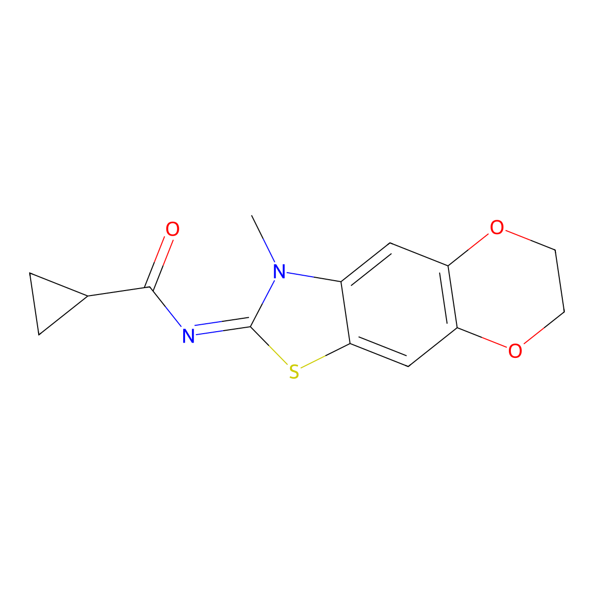 N-(3-methyl-6,7-dihydro-[1,4]dioxino[2,3-f][1,3]benzothiazol-2-ylidene)cyclopropanecarboxamide molecular structure, CAS 1321694-24-9