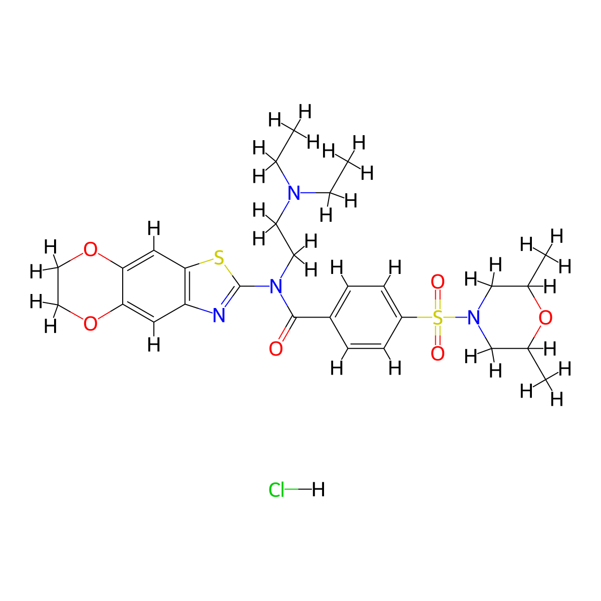 N-[2-(diethylamino)ethyl]-4-[(2,6-dimethylmorpholin-4-yl)sulfonyl]-N-{10,13-dioxa-4-thia-6-azatricyclo[7.4.0.0^{3,7}]trideca-1,3(7),5,8-tetraen-5-yl}benzamide hydrochloride molecular structure, CAS 1321714-22-0