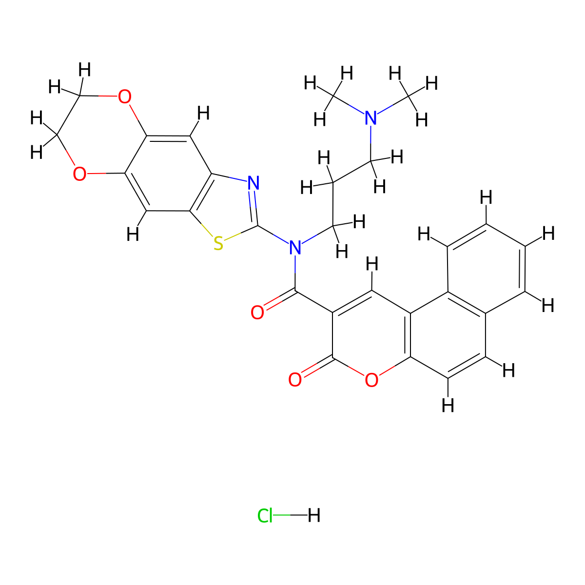 N-(6,7-dihydro-[1,4]dioxino[2',3':4,5]benzo[1,2-d]thiazol-2-yl)-N-(3-(dimethylamino)propyl)-3-oxo-3H-benzo[f]chromene-2-carboxamide hydrochloride molecular structure, CAS 1321715-48-3