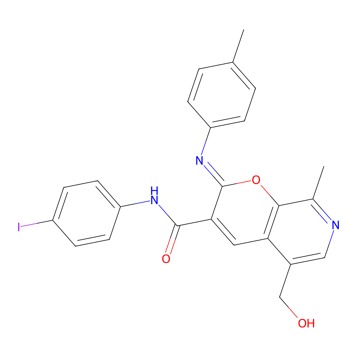 (2Z)-5-(hydroxymethyl)-N-(4-iodophenyl)-8-methyl-2-[(4-methylphenyl)imino]-2H-pyrano[2,3-c]pyridine-3-carboxamide molecular structure, CAS 1321716-68-0